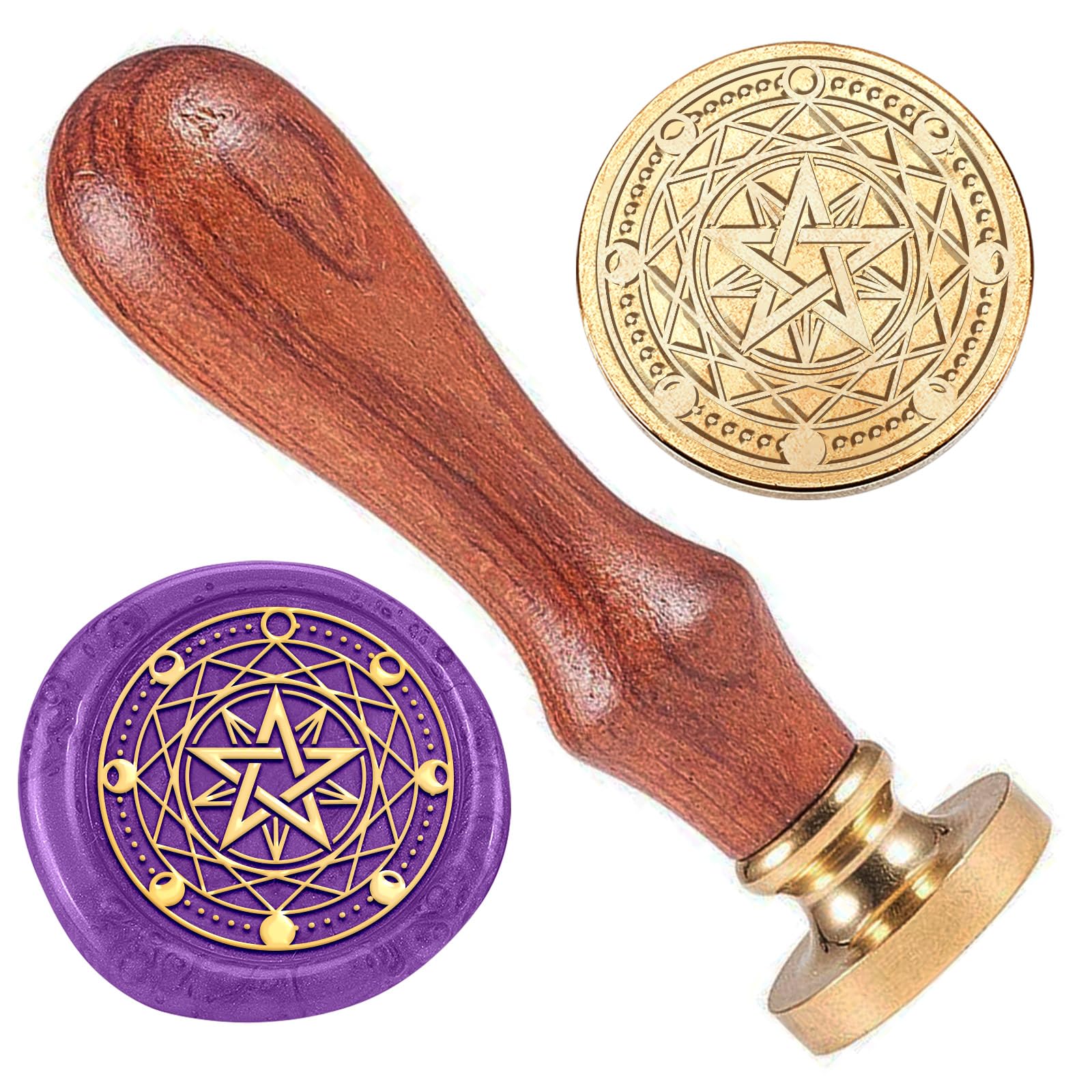DELORIGIN Wax Seal Stamp Set, Star Magic Circle Moon Phase Brass Wax Stamp with Wooden Handle for Envelopes Invitations Wine Packages Greeting Cards