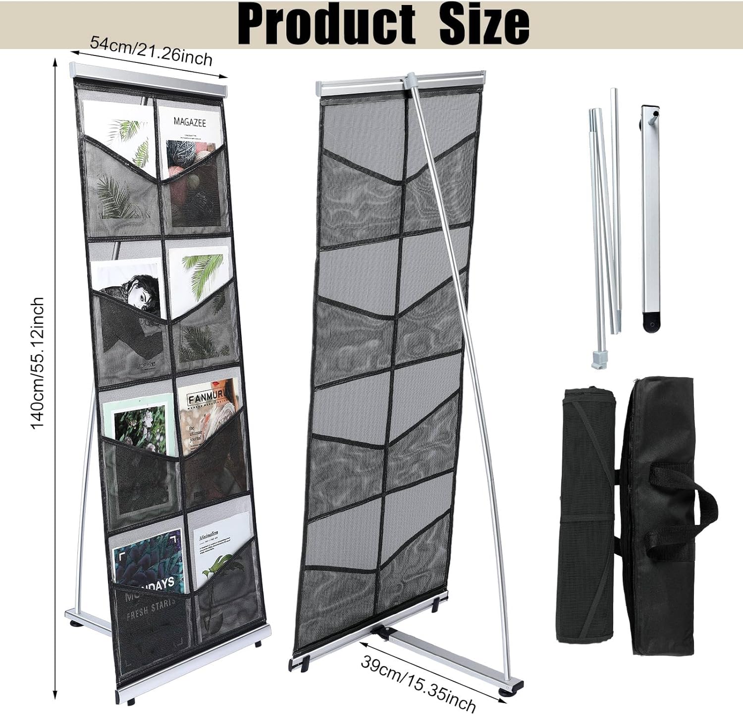 Outus Mesh Literature Brochure Holder with 8 Pocket Portable Magazine Display Roll Up Magazine Rack Lightweight Floor Standing Catalog Office Brochure Display Stand for Business Trade Shows (Black)