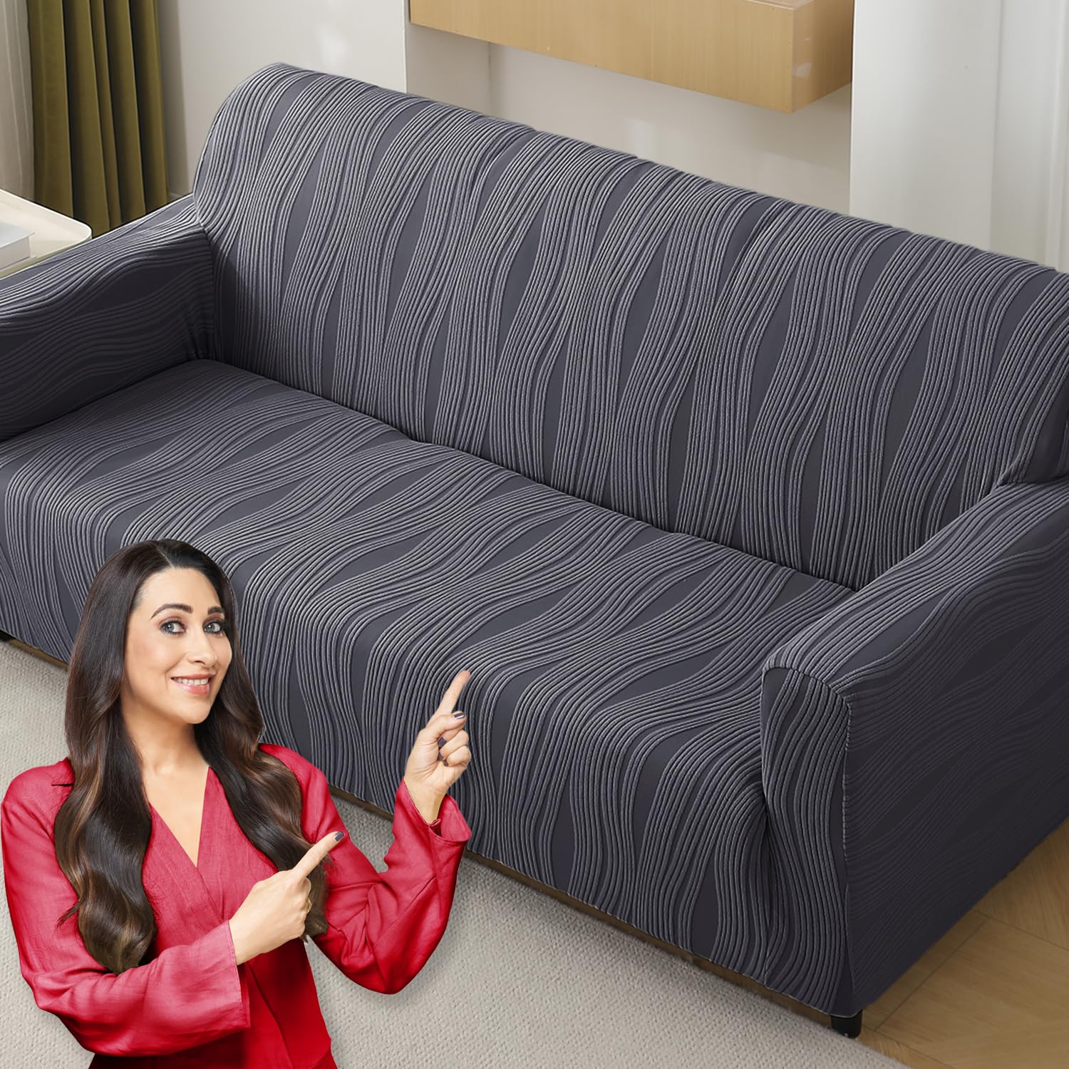 HOKIPO Nestiva Sofa Cover 3 Seater Fully Covered, Porpoise Grey | Stretch fit, fully covered slipcover. 200 GSM knitted jacquard. Elastic bottom, machine washable.