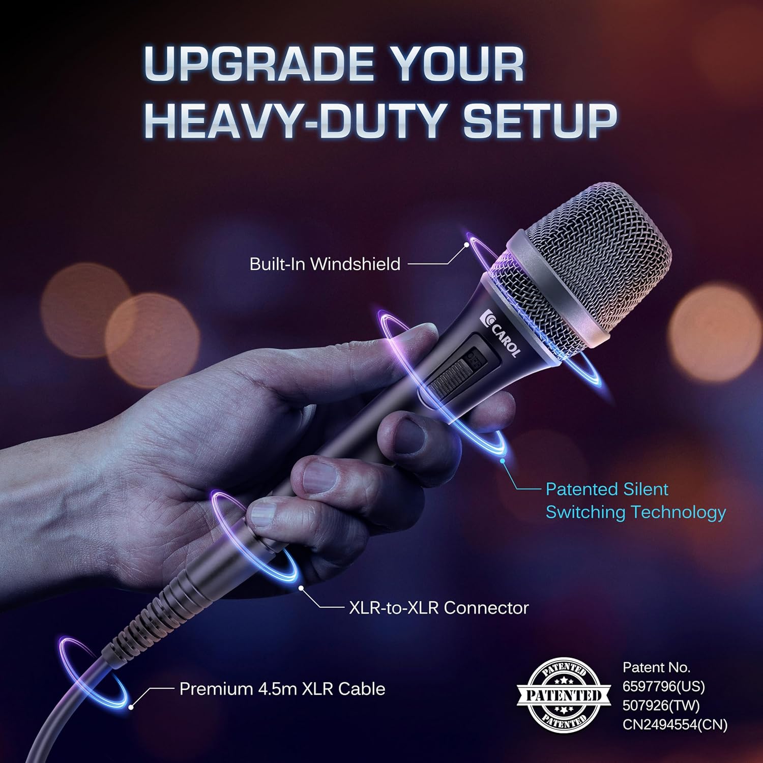 CAROL AC-900S XLR Wired Vocal Microphone – Dynamic Supercardioid Mic with Dual-Engine AHNC Noise Cancelling Tech for Singing, Karaoke, Stage & Studio, Includes Mic Clip, 14.8ft Cable & Switch - Black - Image 6