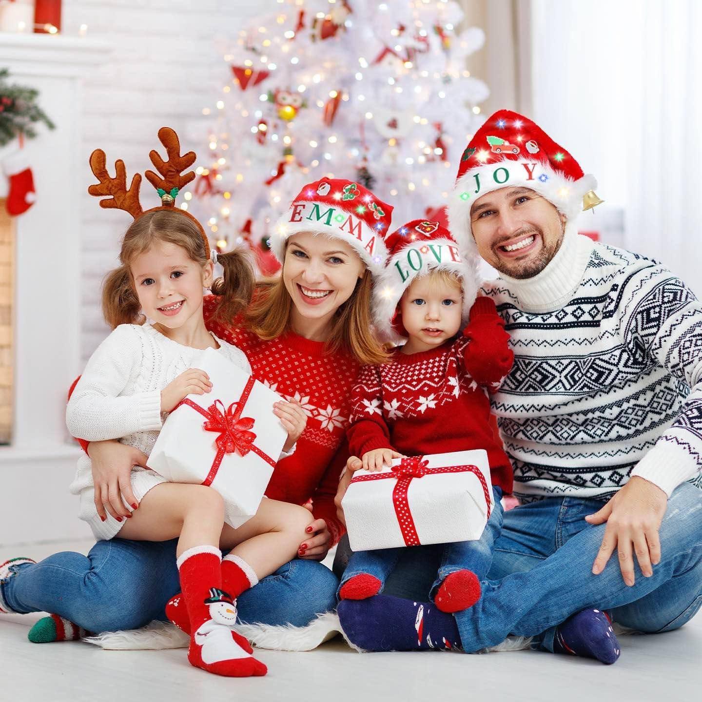 Light Up Christmas Hat with LED Lights Funny Santa Hat for Adults, 48 Letter Sticker,5 Ornaments for Xmas Headwear Holiday