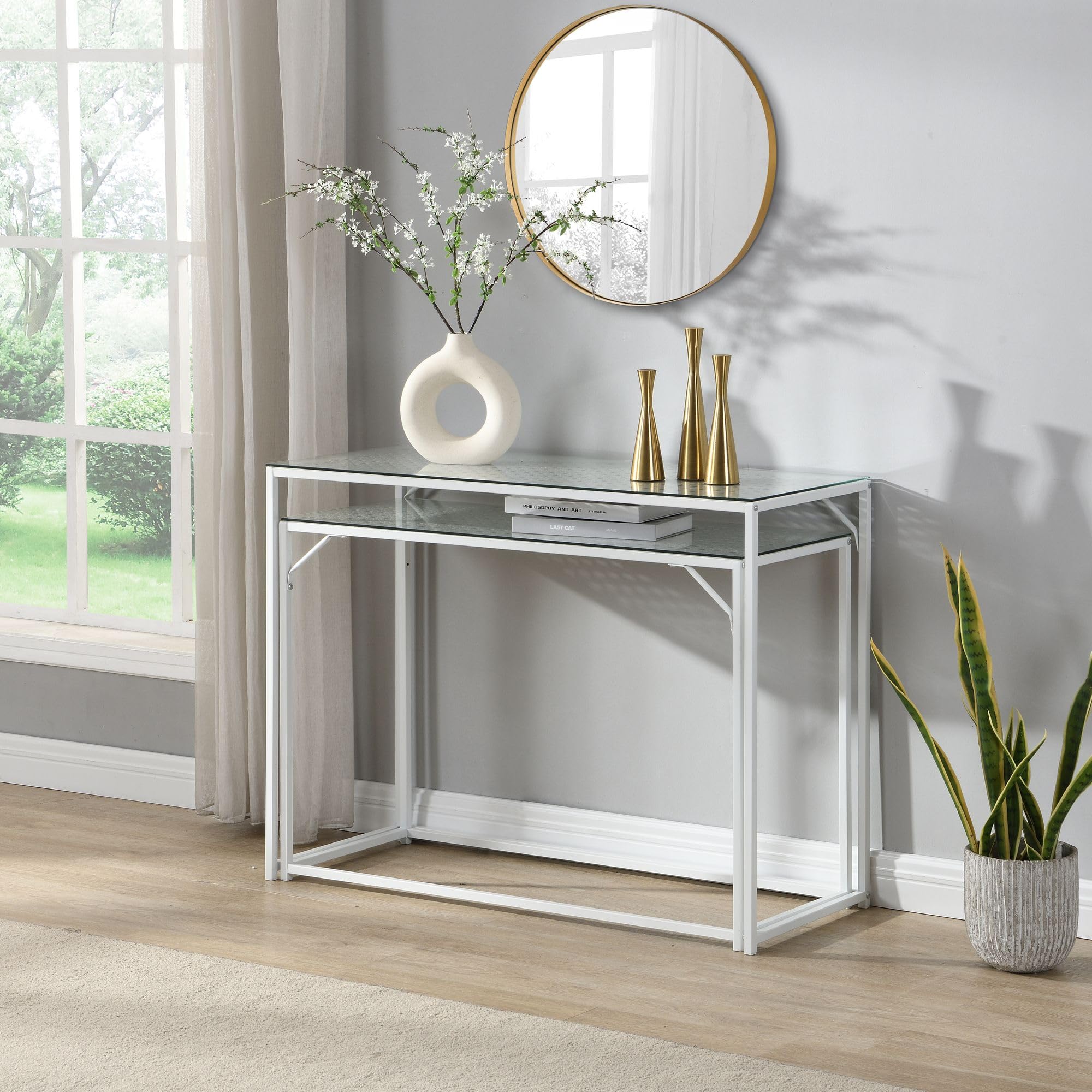 FineBuy Zestaw 2 stolików konsolowych metalowych ze szklanym blatem, nowoczesne stoliki dekoracyjne do przedpokoju salonu, wąskie stoliki pomocnicze w stylu industrialnym, oszczędzające miejsce i wsuw