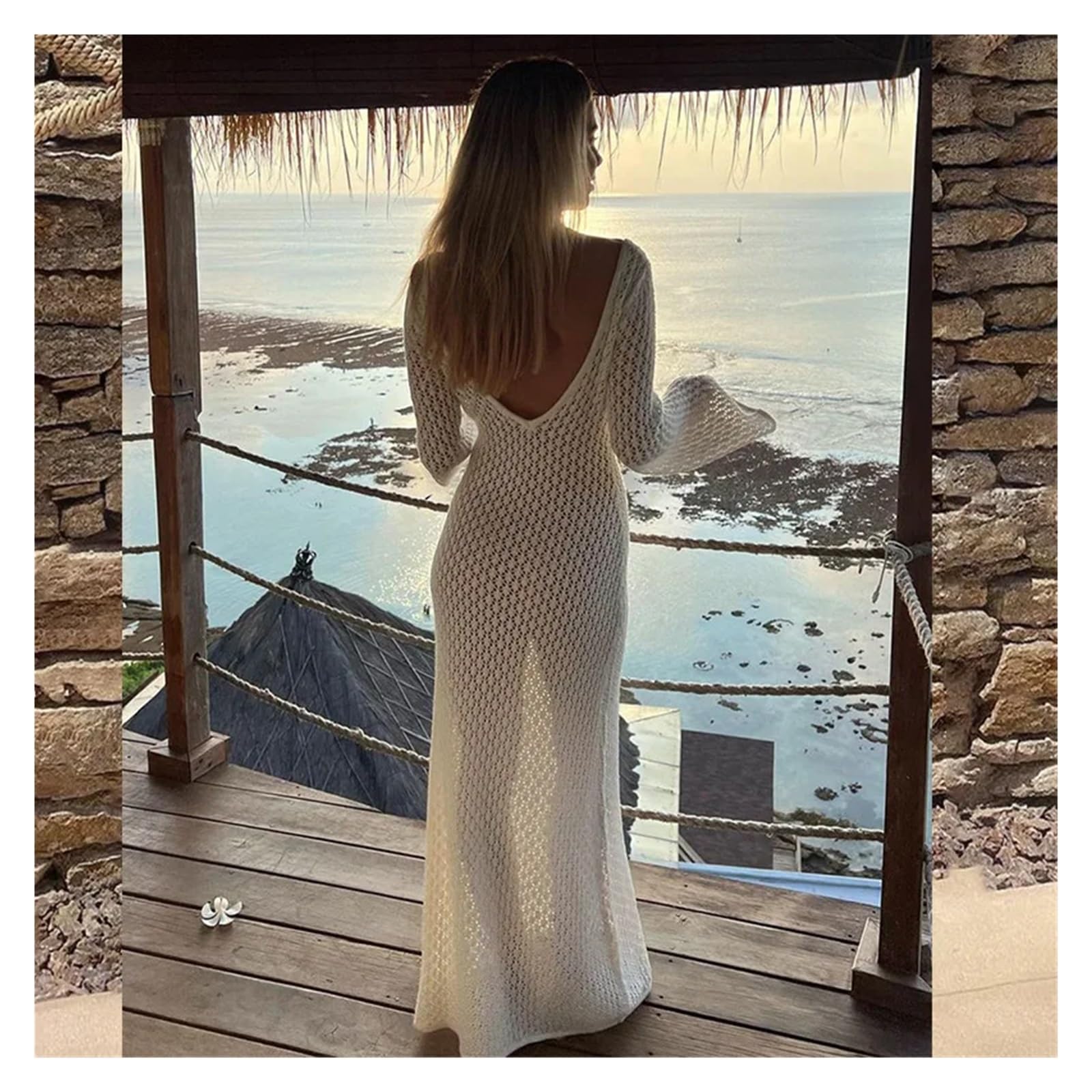 Genérico Vestido Playa Mujer Vestido Playero de Punto for Mujer, Vestido Playero Elegante, Liso, Transparente, ceñido, Acampanado, Mangas largas, Bikinis para Playa(DJ7278K1,M)
