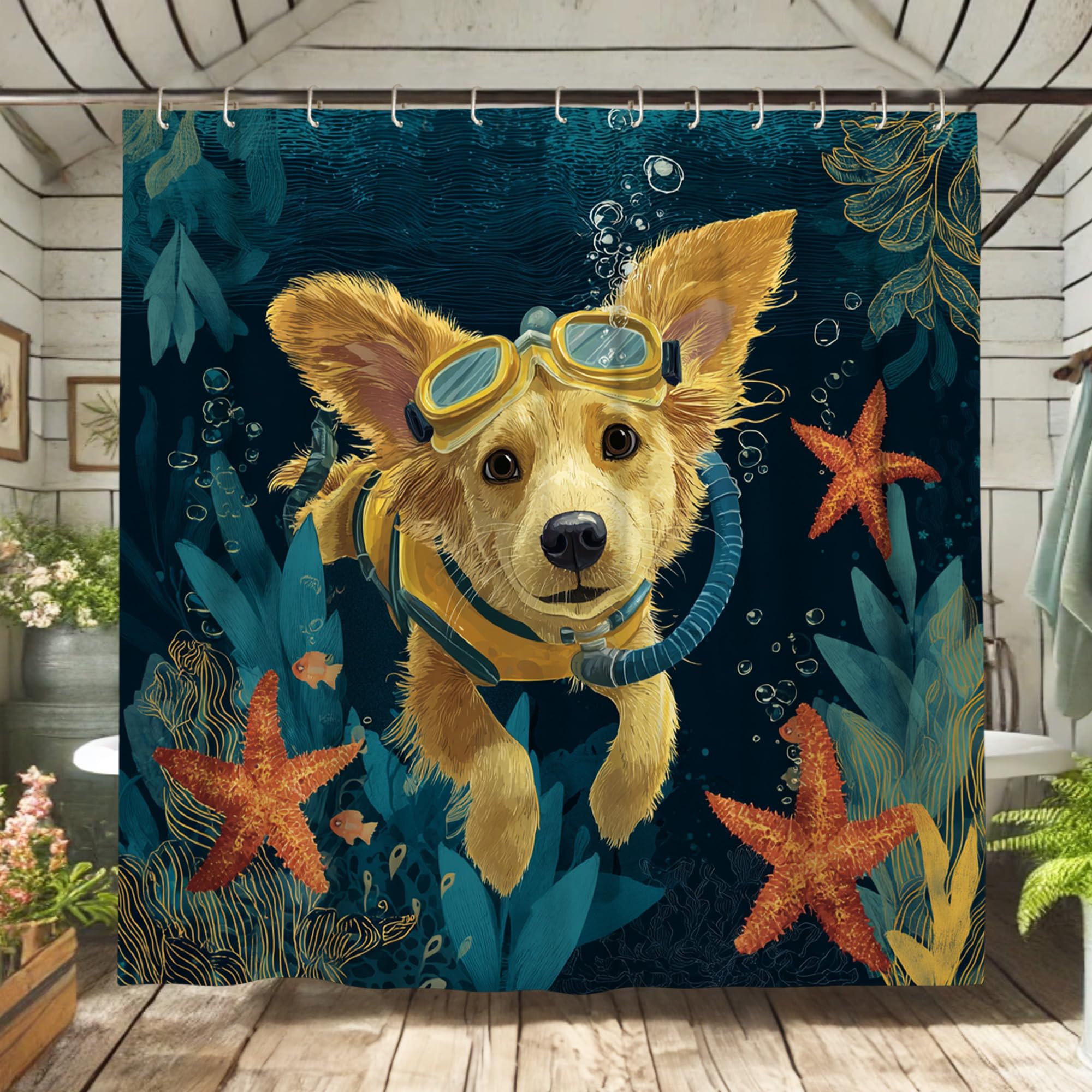TIYAANDSY Duschvorhang Mit Golden Retriever Motiv – 182,9 X 182,9 Cm, Wasserdicht, Mit 12 Haken – Badezimmer Deko