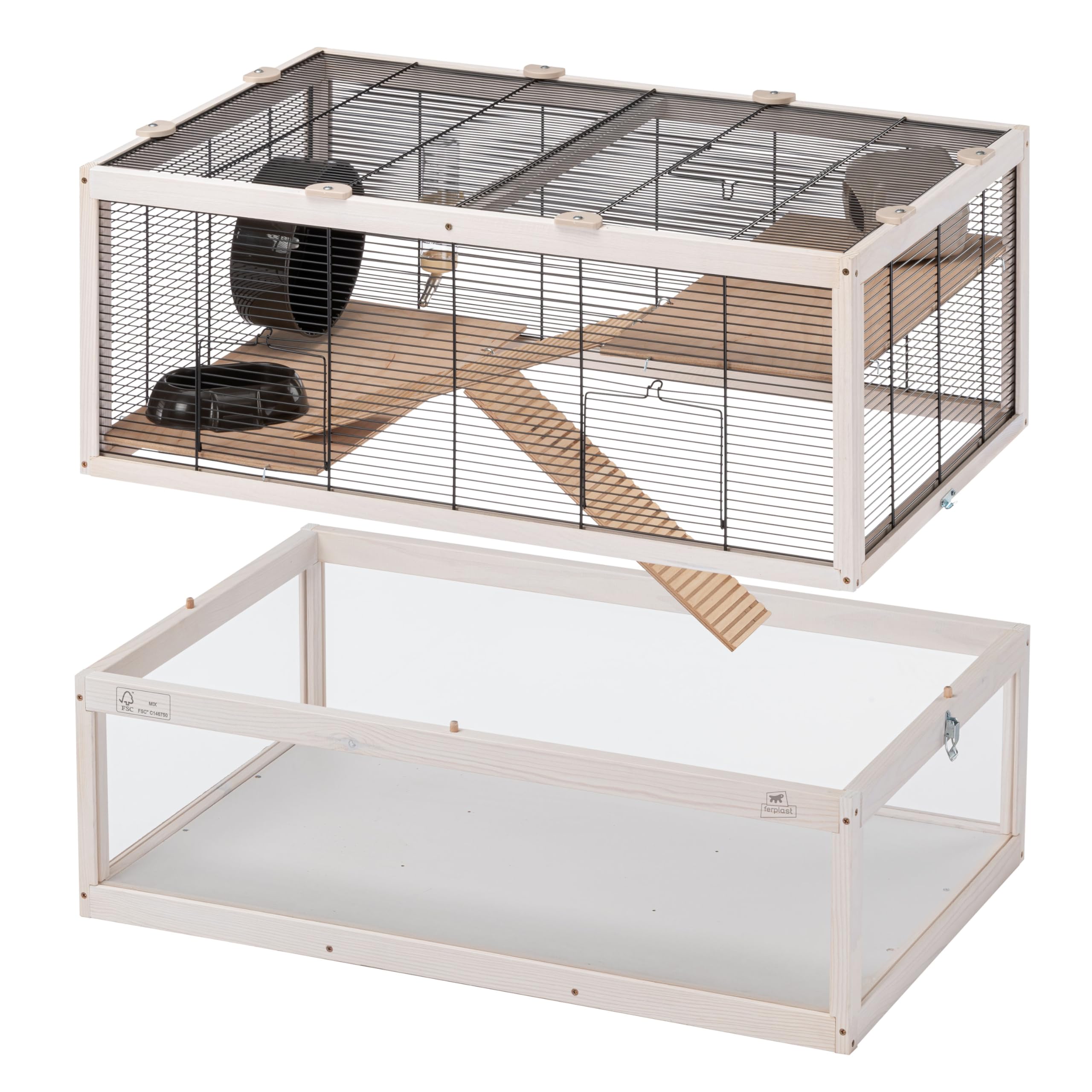 Ferplast Gabbia per criceti DOMSTER, Gabbia per topi a 3 livelli, con accessori, piattaforme e scale, metallo verniciato e legno FSC, base trasparente, gabbia per criceti in legno 80 x 50 x h 56 cm