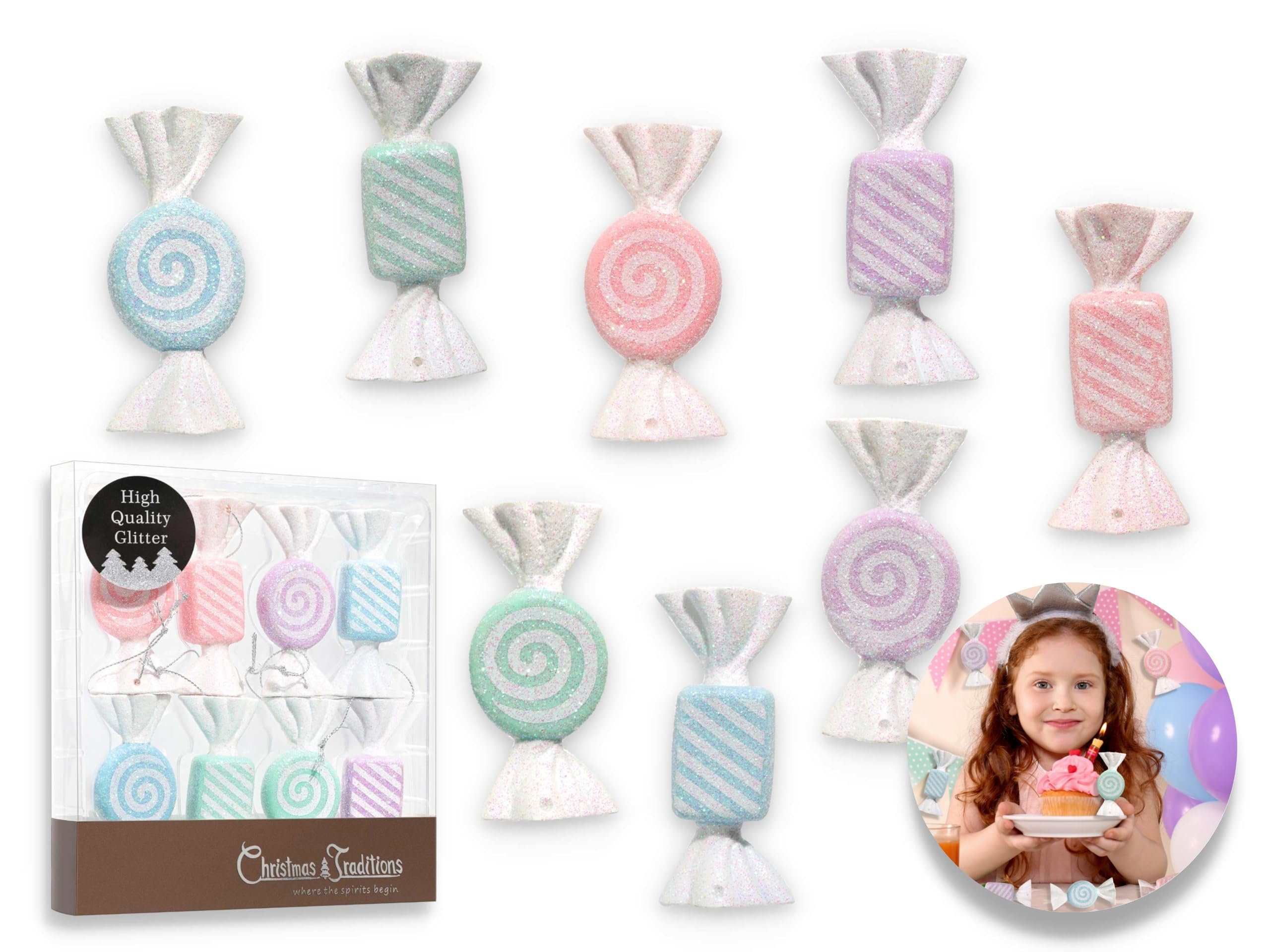 Christmas Traditions 3 to 3.5 inch Glittered Bonbon Candy Ornaments (Set of 8) for Christmas Tree/Wedding/Event/Candy Corner Party Decorations
