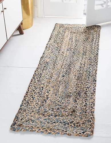 Unique Loom Trenzado Chindi Collection - Alfombra de pasillo azul moderna casual (2 pies 2 pulgadas x 8 pies)