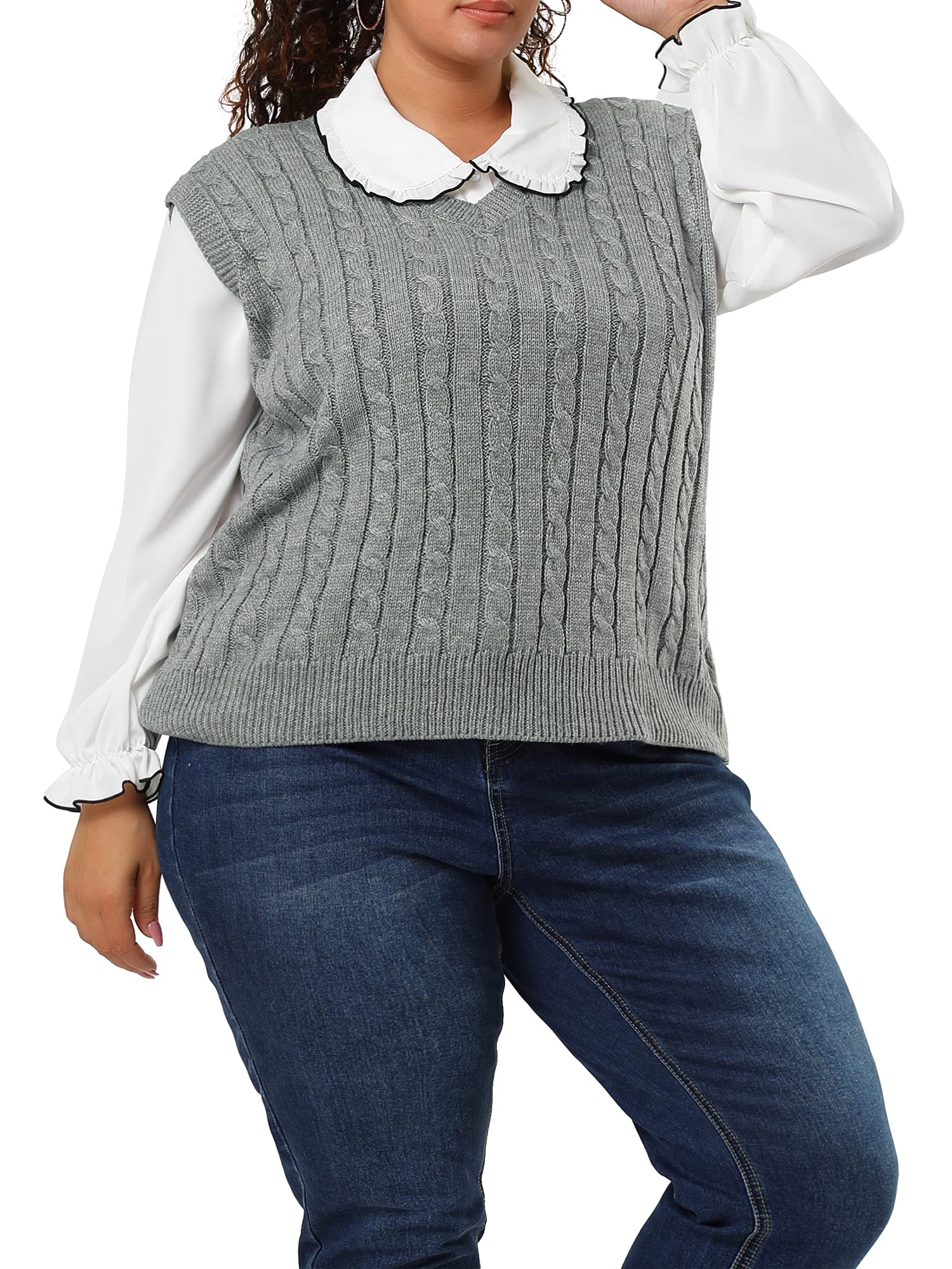 Agnes Orinda Women's Sweater Vests Plus Size V Neck Sleeveless Cable Knit Pullover Sweaters Tank Tops