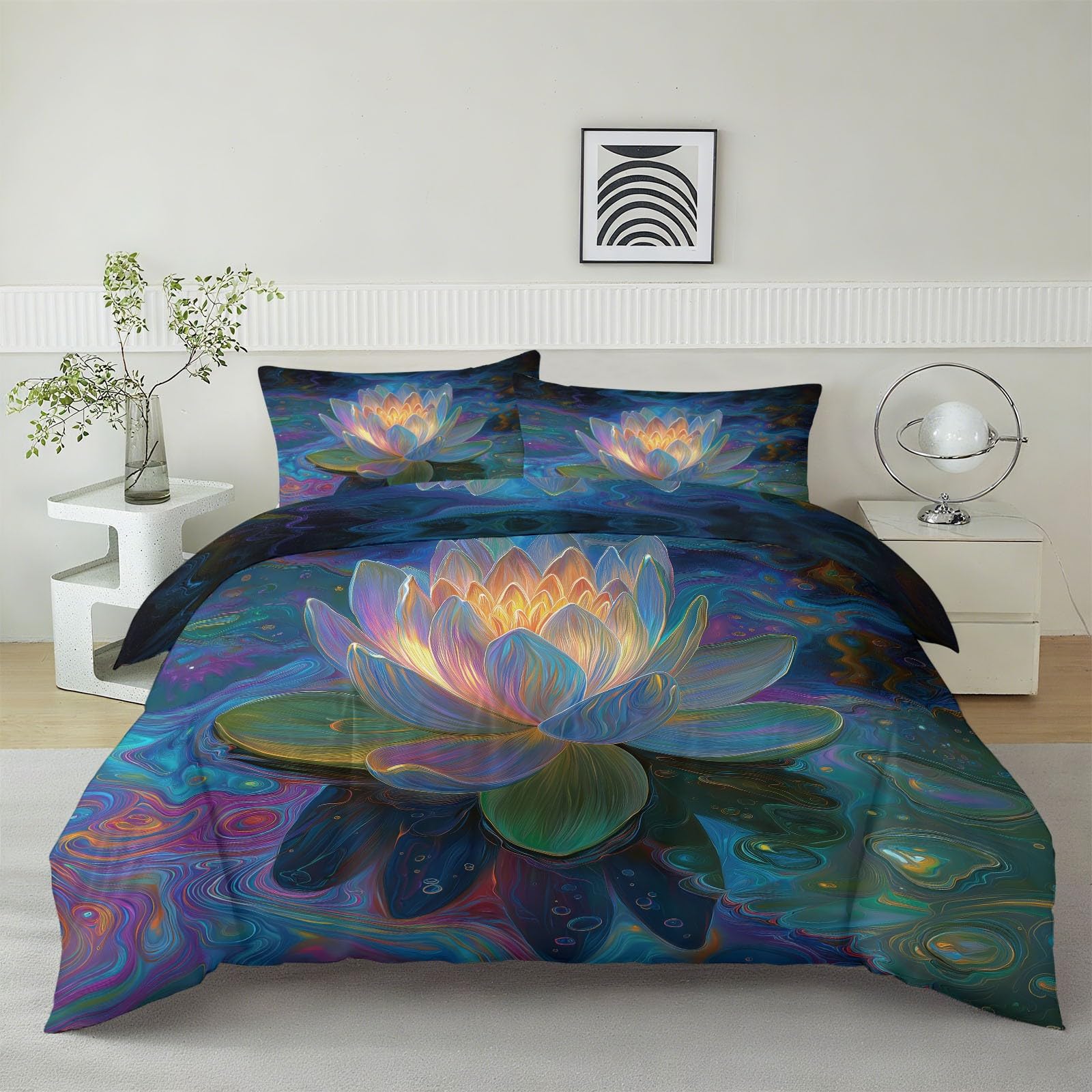 Zestaw pościeli w rozmiarze Super King Size 260 x 220 cm, 3-częściowy abstrakcyjny zestaw pościeli z lotosu, kwiatowy wzór, miękka, przytulna, szczotkowana mikrofibra, z 2 poszewkami na poduszkę