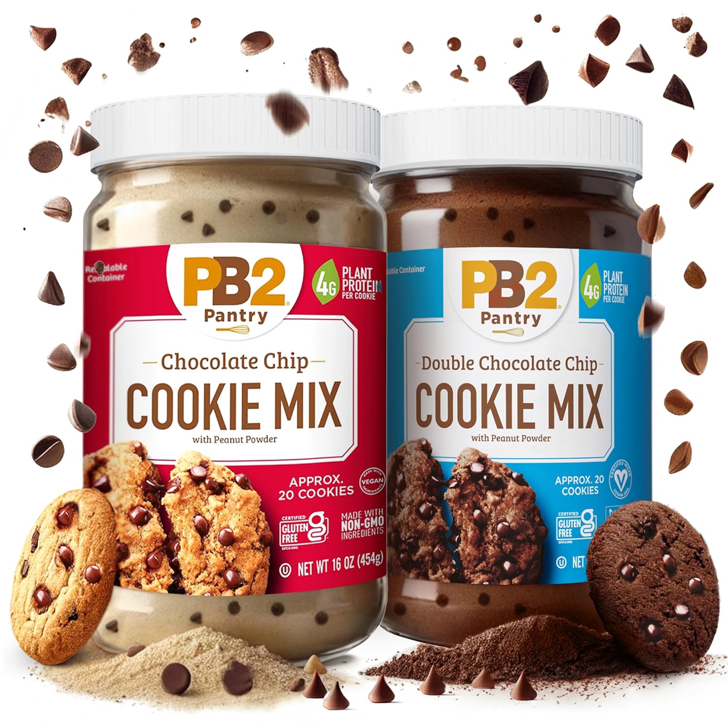 PB2 Pantry Bundle of Double Chocolate Chip Cookie & Chocolate Chip Cookie Mix | Certified Vegan, Gluten-Free, Non-GMO, 4g Plant Protein per Serving, 16oz Jars [Pack Of 2]