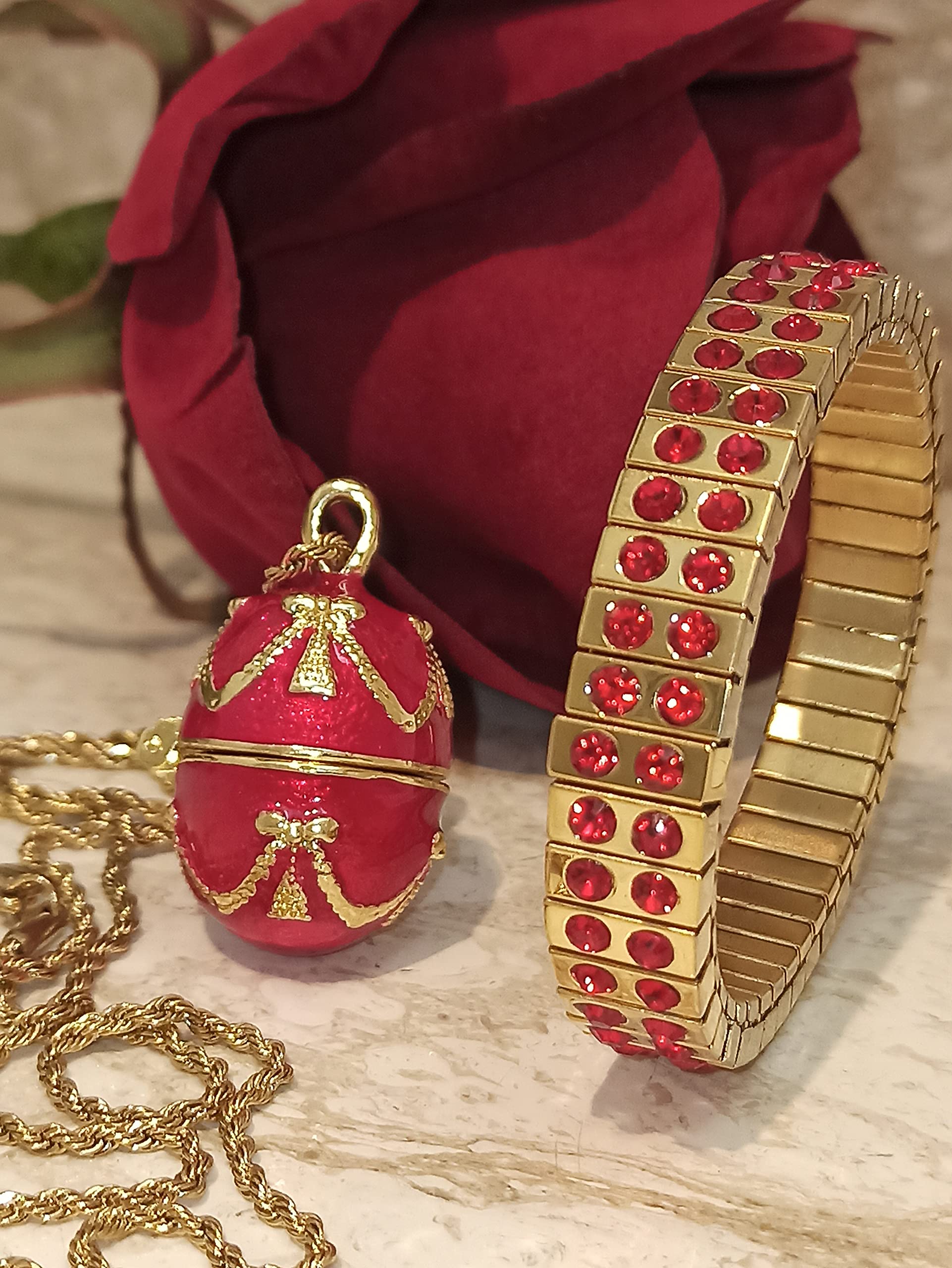 FABERGE Luxury Ruby Jewelry SET for Ladies Necklaces Set Bracelets for women FABERGE Egg Pendant Bracelet Necklace Set Adjustable 24K GOLD Gold chain Special Gifts for Daughter Sister Girlfriend 2CT