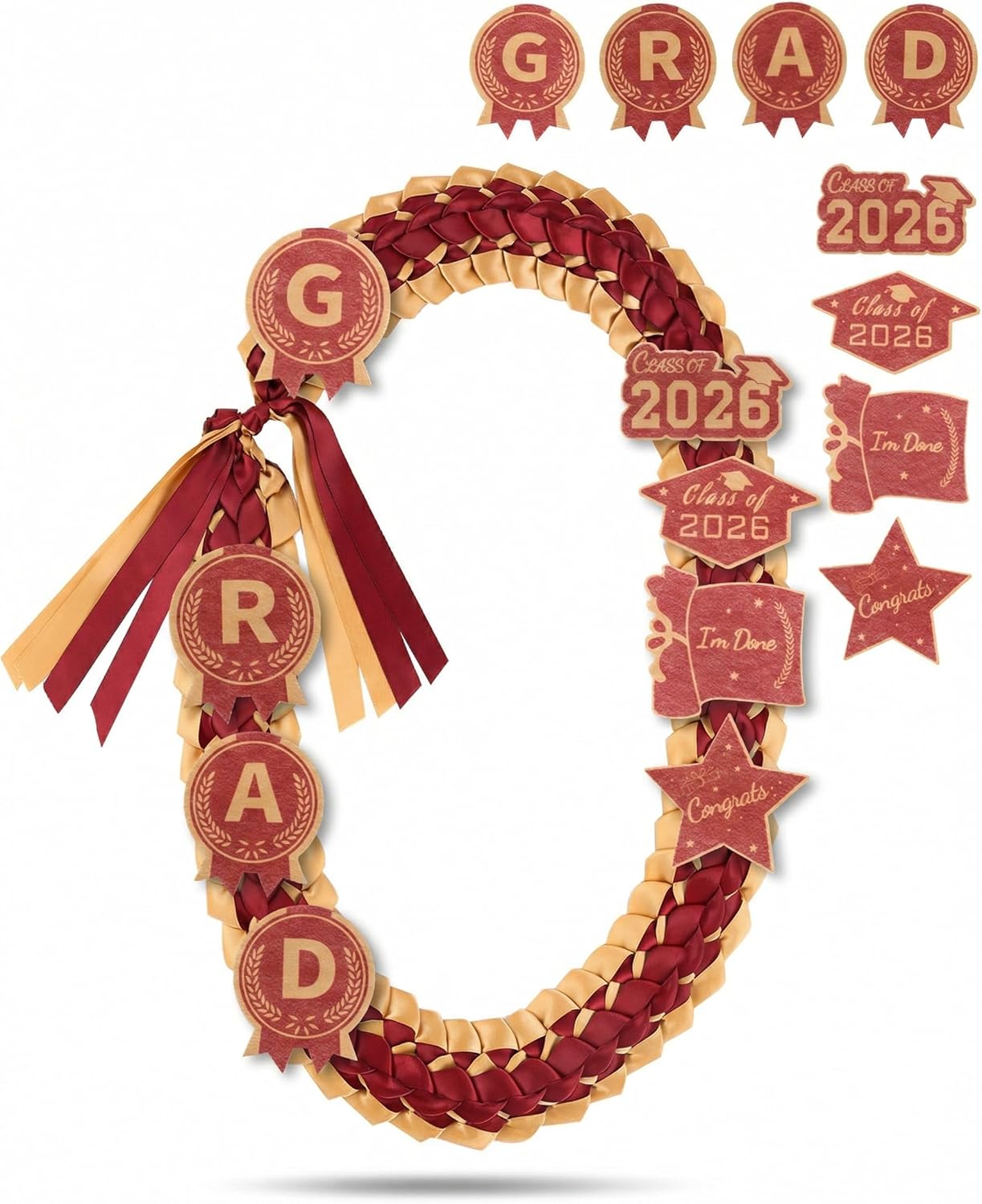 ZenNex Graduation Leis 2026 Handmade Ribbon Lei Double Braided Ribbon Necklace with GRAD Patches for College High School Graduation Party Accessories