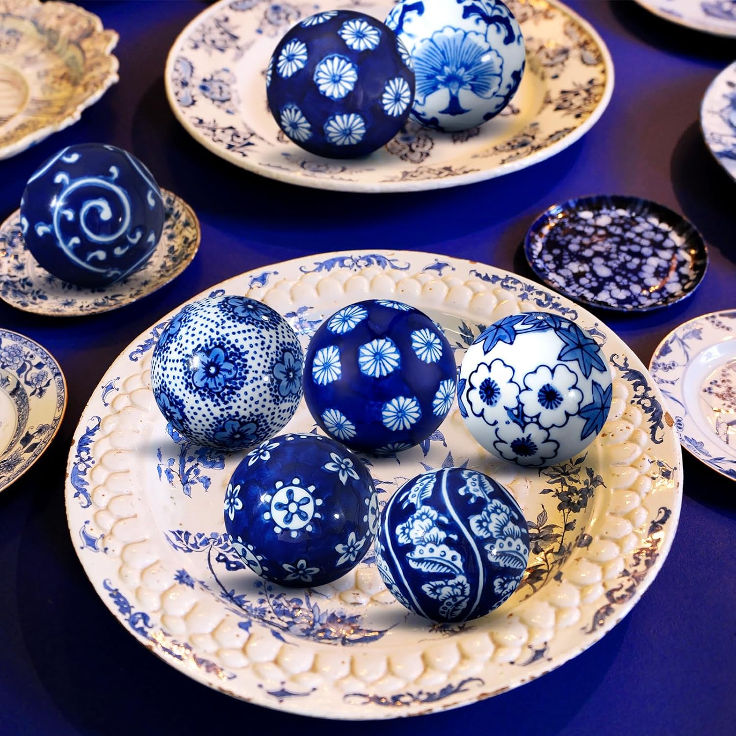 BBTO 8 Pcs Porcelain Decorative Balls for Centerpiece Bowls, Vases,Tables, Blue Traditional with Bohemian Influence, Elegant Home Decor for Living Room Office(Classic)