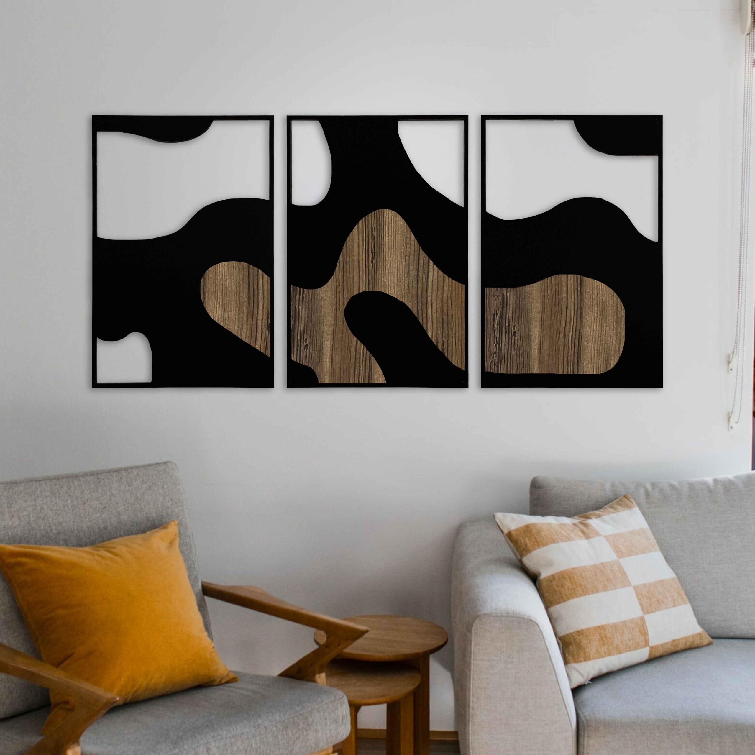 Neutrale Holzwandkunst, groß, Set mit 3 abstrakten Holz-Wanddekorationen, Erdton, moderne Wandpaneele, einzigartige Dekoration über dem Bett, Geschenk für Wohnzimmer und Schlafzimmer