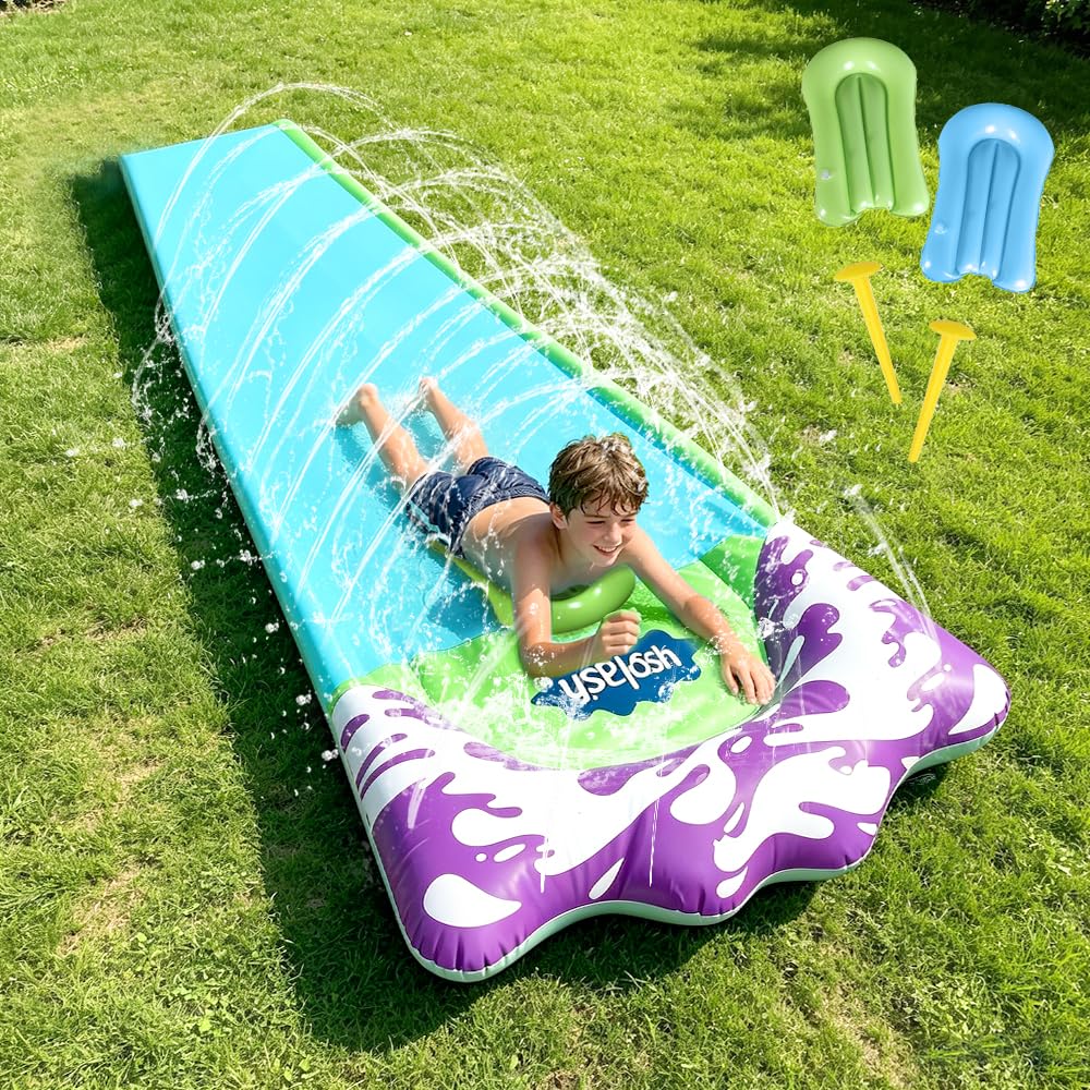 Scivolo D'acqua 480x70cm con Spruzzatori, Tappetino Acquatico con 2 Bodyboard