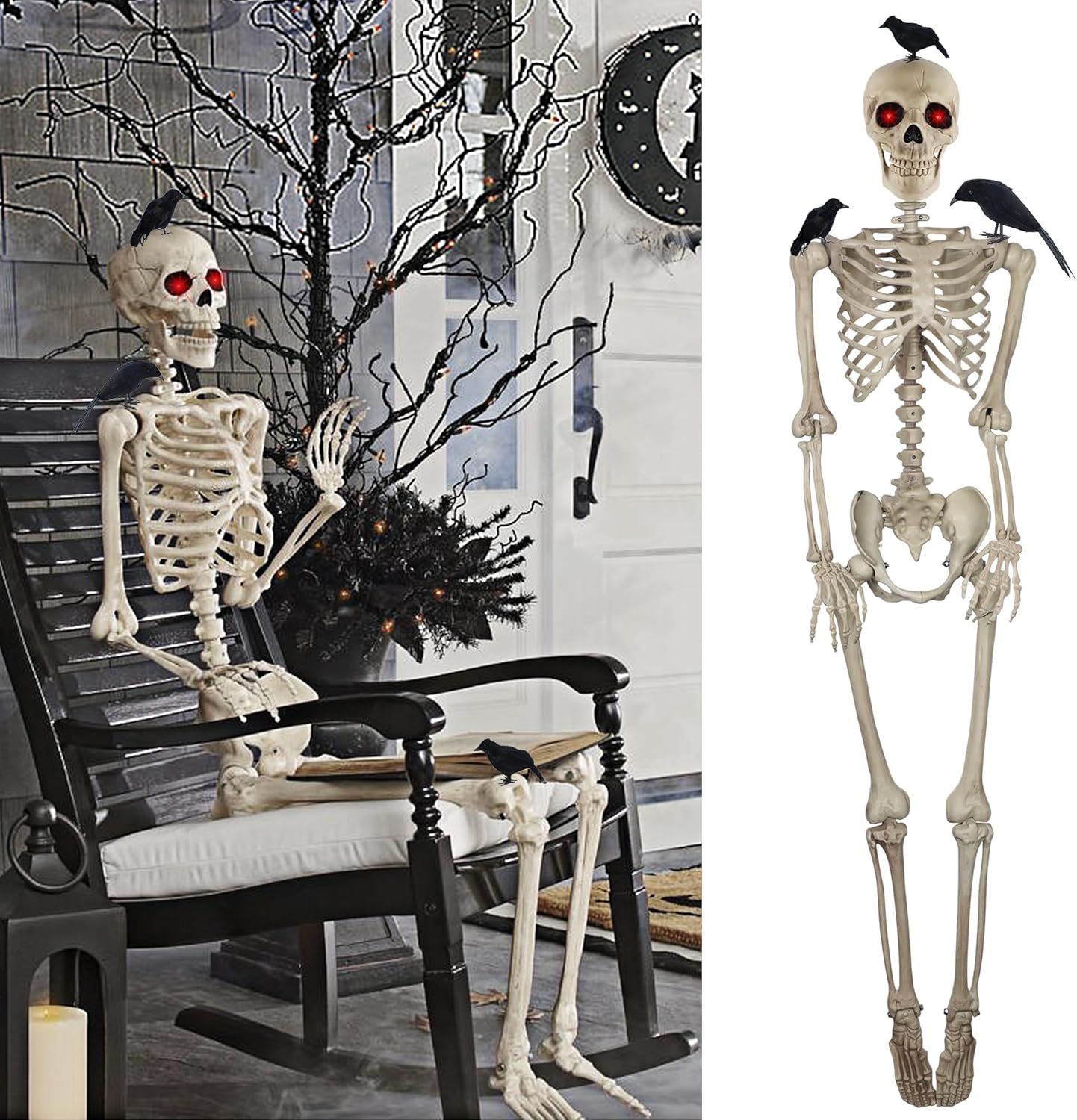 DR.DUDU 5ft Skeleton Life Size Halloween Decor with 3 Pcs Crows, Large Posable Skeletons with Glowing Eyes, Indoor Outdoor Halloween Graveyard Porch Patio Decorations Haunted House Prop
