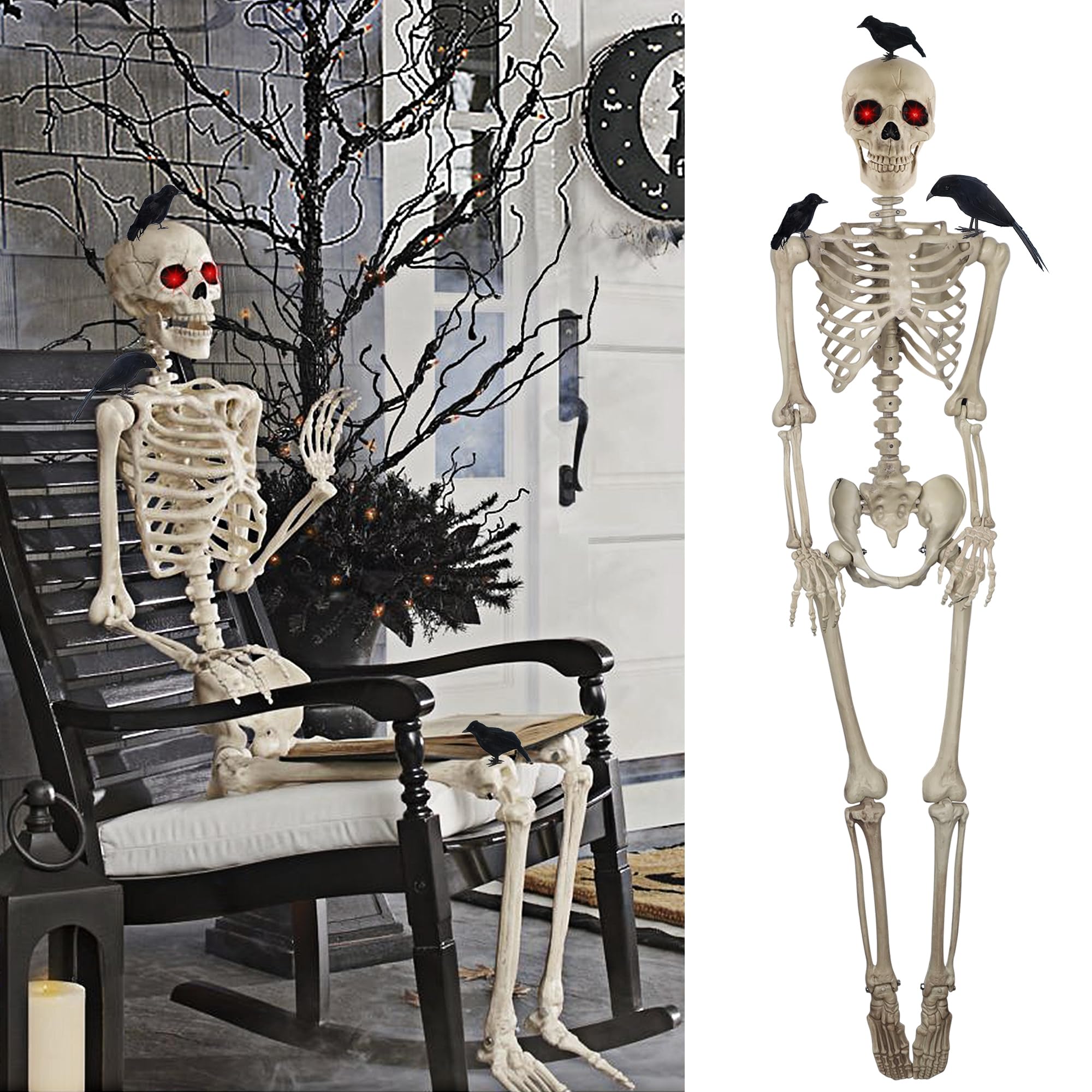 DR.DUDU 5ft Skeleton Life Size Halloween Decor with 3 Pcs Crows, Large Posable Skeletons with Glowing Eyes, Indoor Outdoor Halloween Graveyard Porch Patio Decorations Haunted House Prop