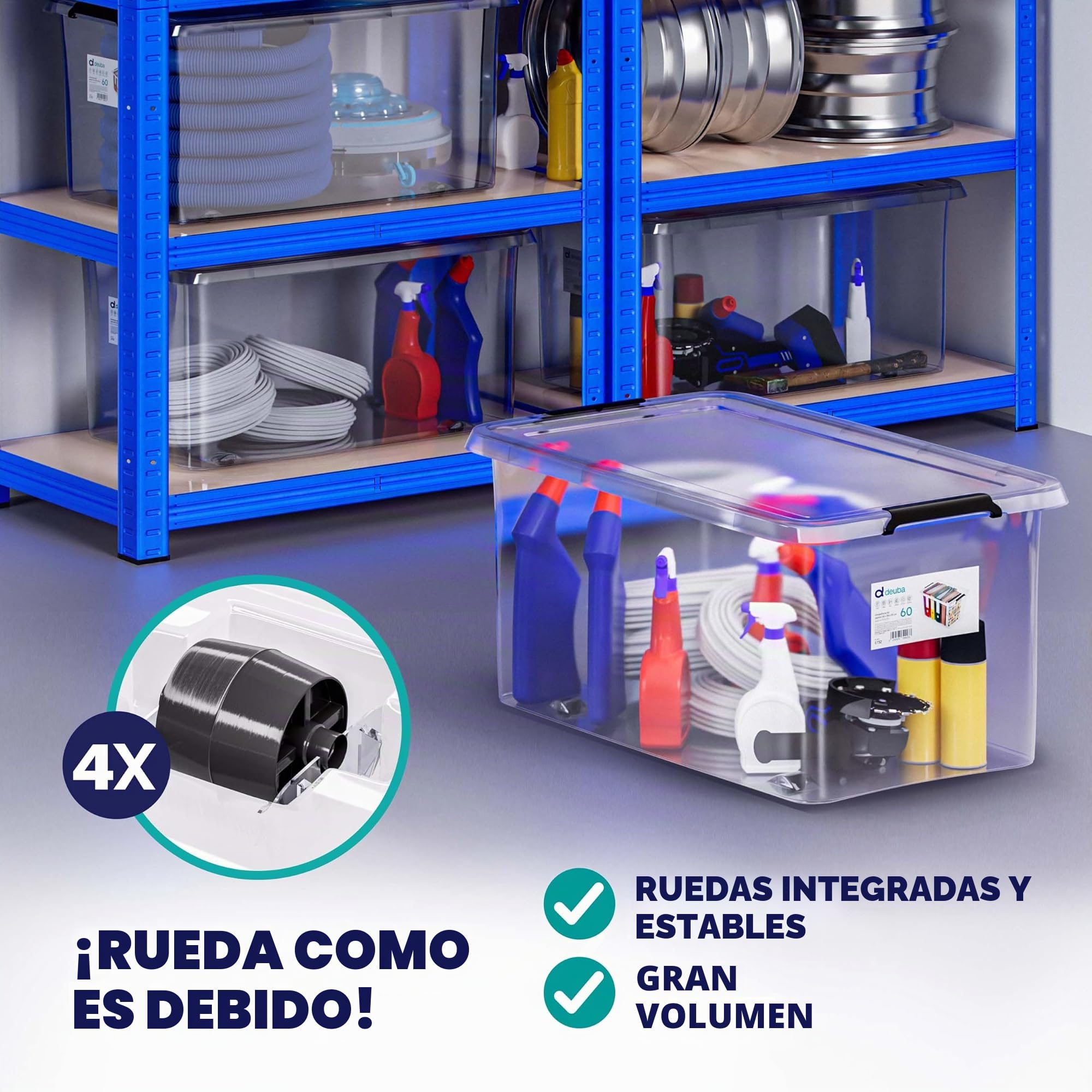 Deuba® 4X Cajas de Almacenamiento 30L Tapa Clips de Cierre Transparentes Almacenaje Juguetes Ruedas Apilable