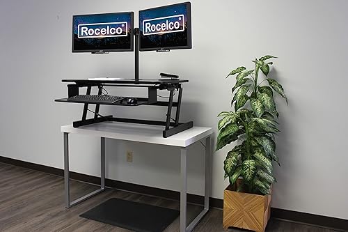 Miniatura 2 de Rocelco Convertidor de escritorio de pie ajustable de 37.5 pulgadas con soporte de monitor dual y paquete de alfombrilla antifatiga, elevador de