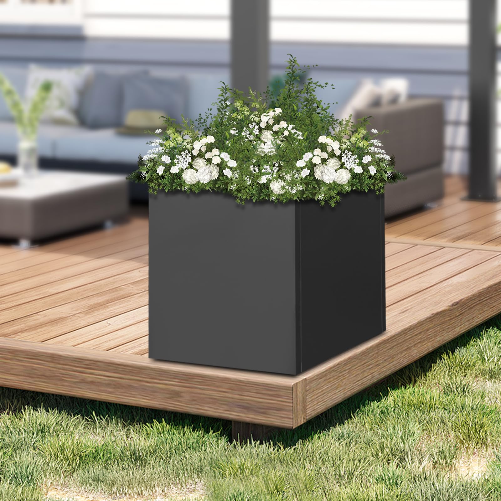 Grand pot de fleurs extérieur – 60 x 60 x 60 cm – Pot de fleurs en acier – Pour l'intérieur et l'extérieur – Jardinière pour jardins, entrées, terrasses et cours, noir