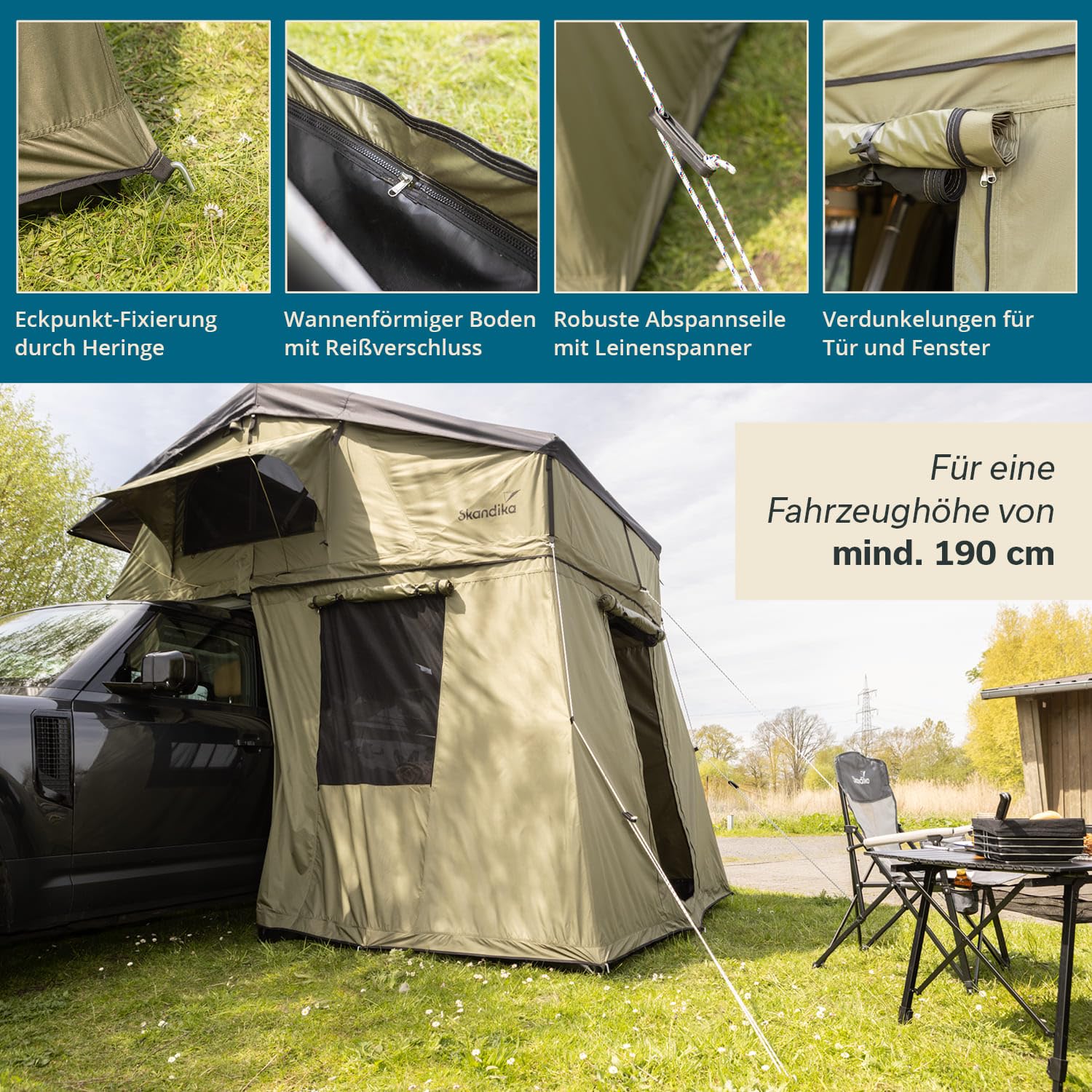 Skandika Dachzelt Freeland XL | Autodachzelt für 3-4 Personen, Autozelt mit Vorzelt, Softcover, wasserfest 2500 mm, Eingang und Fenster mit Moskitonetz