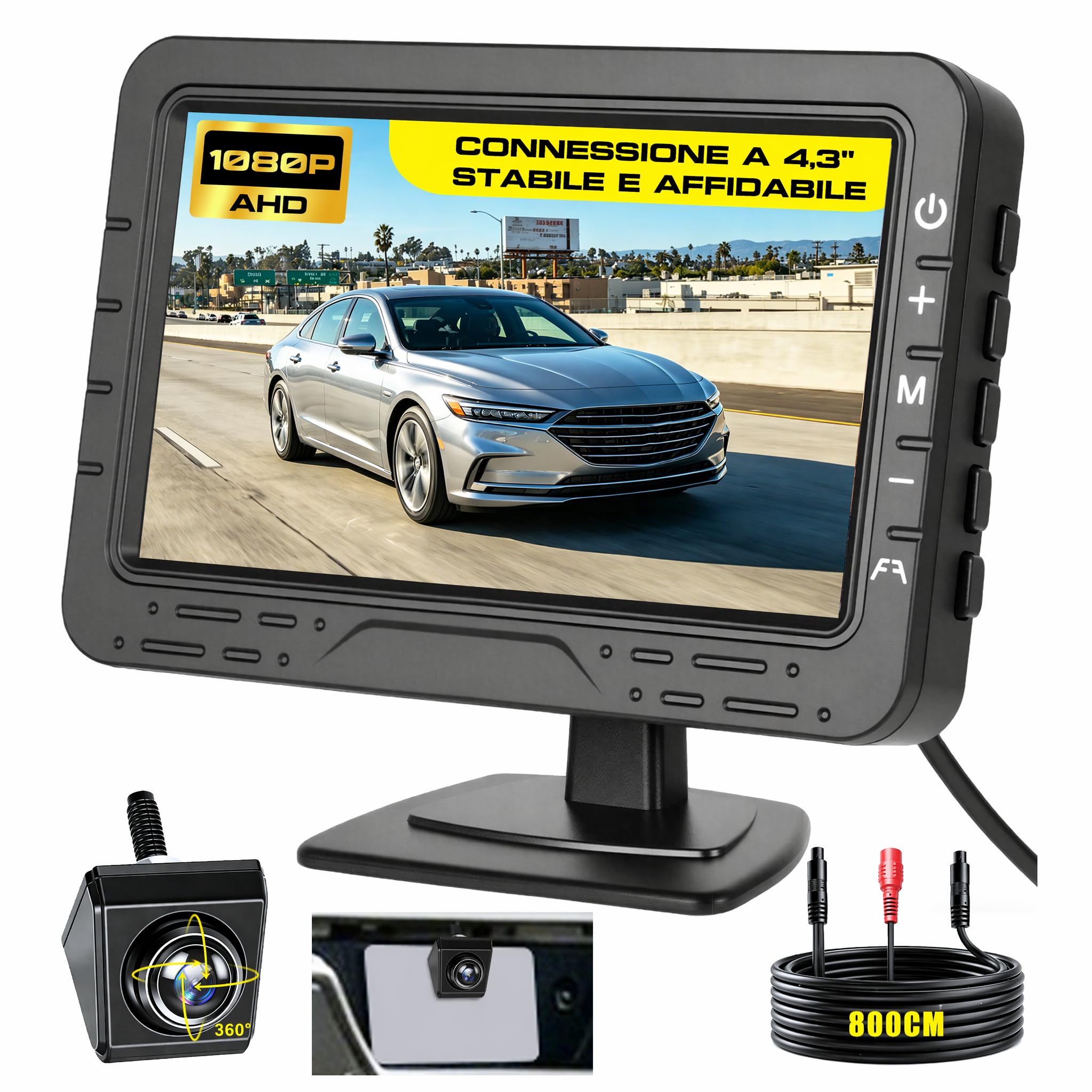 Hikity kit Telecamera Compatto con Monitor 4,3'' Telecamera Girevole a 360° | 12-24V Telecamera Posteriore per Camion Furgone Cablata Stabile Visione Notturna 1080P Linee Di Parcheggio Impermeabile IP68