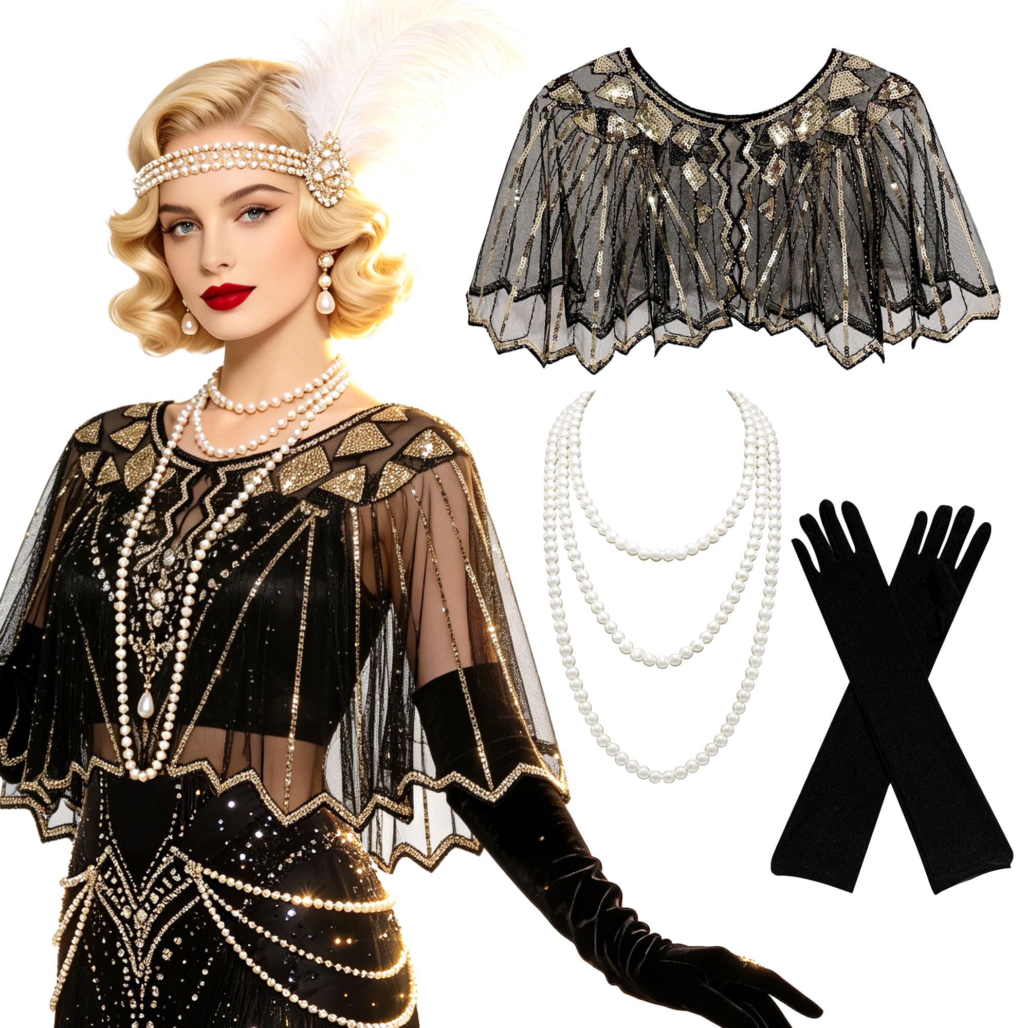 LaVenty Women's 1920s Sequin Shawl Wraps Silk Gloves Pearl Necklace Fringe Capelet Shawls Gatsby Accessories for Harlem Night