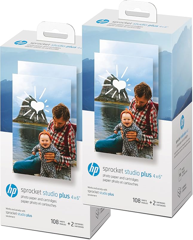Impresora WiFi HP Sprocket Studio Plus 4x6 Imprima desde su dispositivo iOS y Android - Paquete inicial: Incluye 108 hojas y 2 cartuchos, marcos de pegatinas, álbum de fotos
