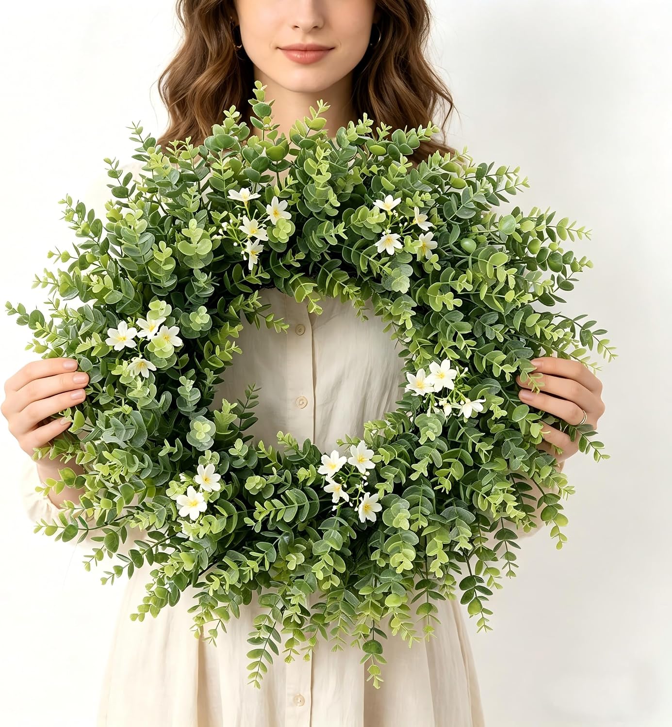 24" Large Eucalyptus Wreath for Front Door – All Season Artificial Greenery Wreath with White & Yellow Blossoms – Full Front Door Wreath for Porch, Farmhouse Entryway & Home Wall Decor