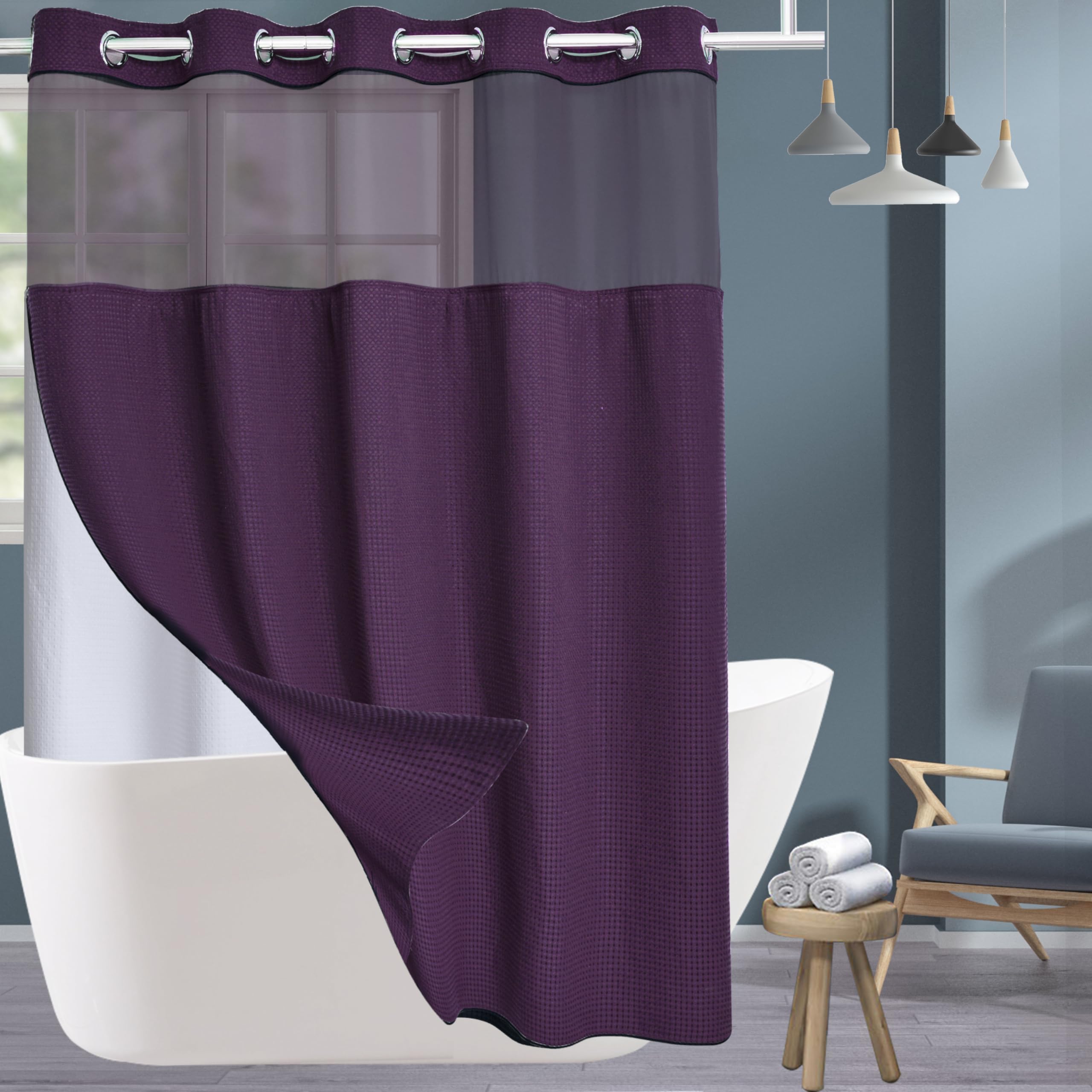 Purple Hotel Grade Fabric Shower Curtain Set with Snap in Liner for Bathroom with See Through Top Window, Waffle Weave Shower Curtain, Purple, Machine Washable (Waffle-Purple,71W x 74H)