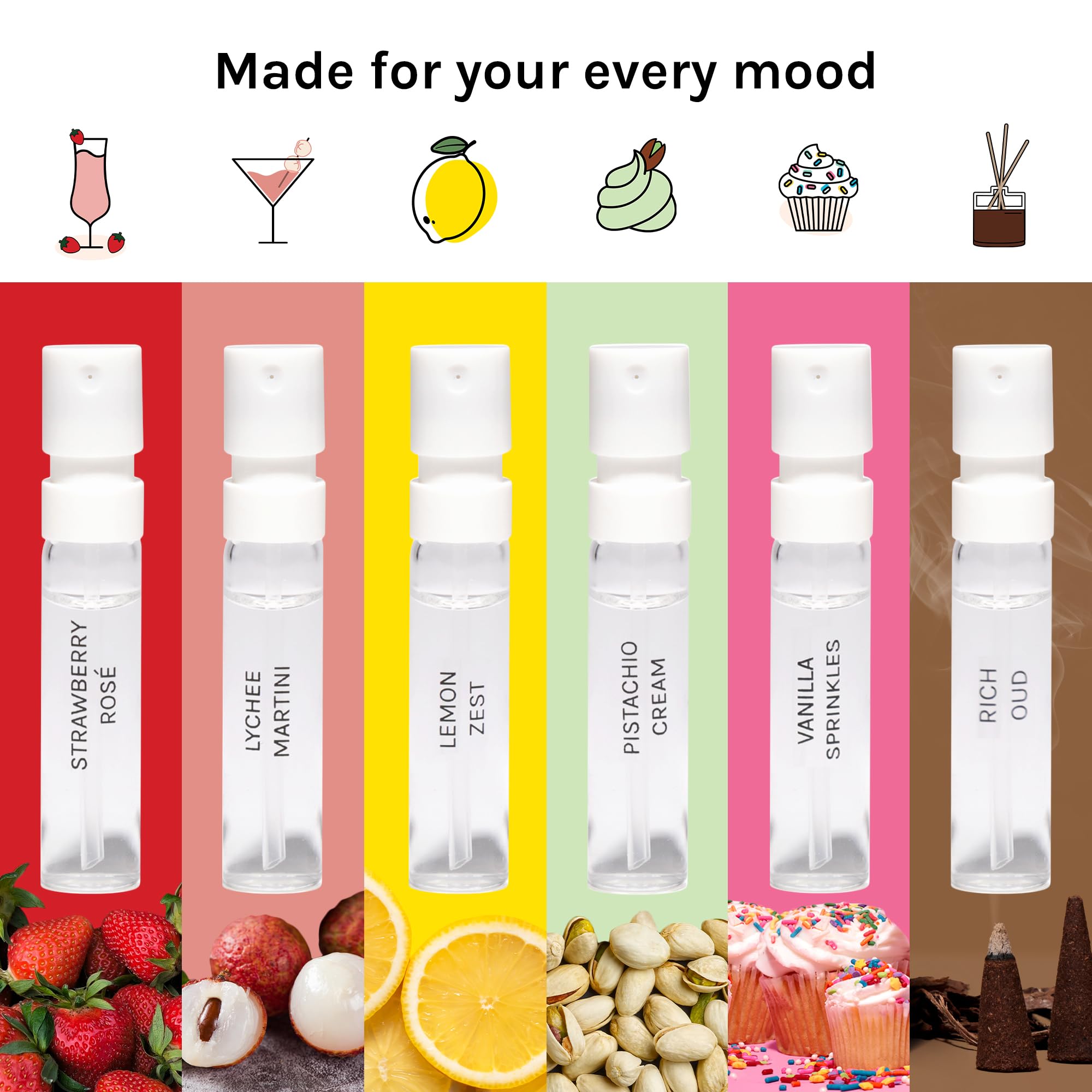 A collection of six small spray vials representing the Just Juice Discovery Set, showcasing various fragrance types.