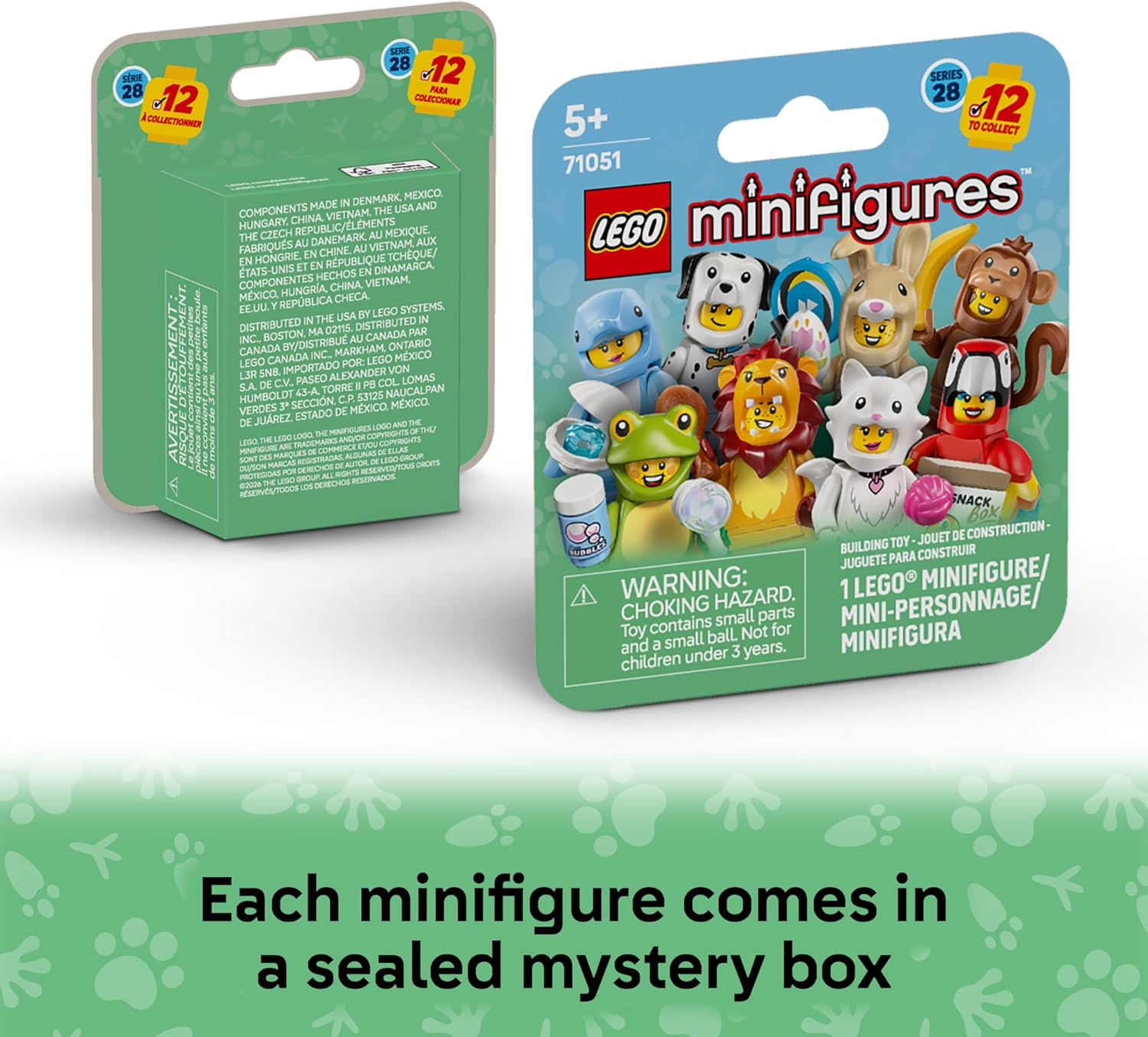 A sealed LEGO Minifigures Series 28 mystery box, indicating that each minifigure is individually packaged.