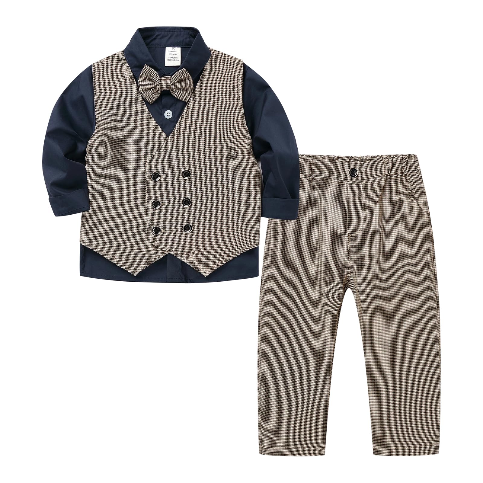 Boys Suit 4 Piece Plaid Double Breasted Vest Dress Shirt Pants Set with Bowtie 12M-8Y