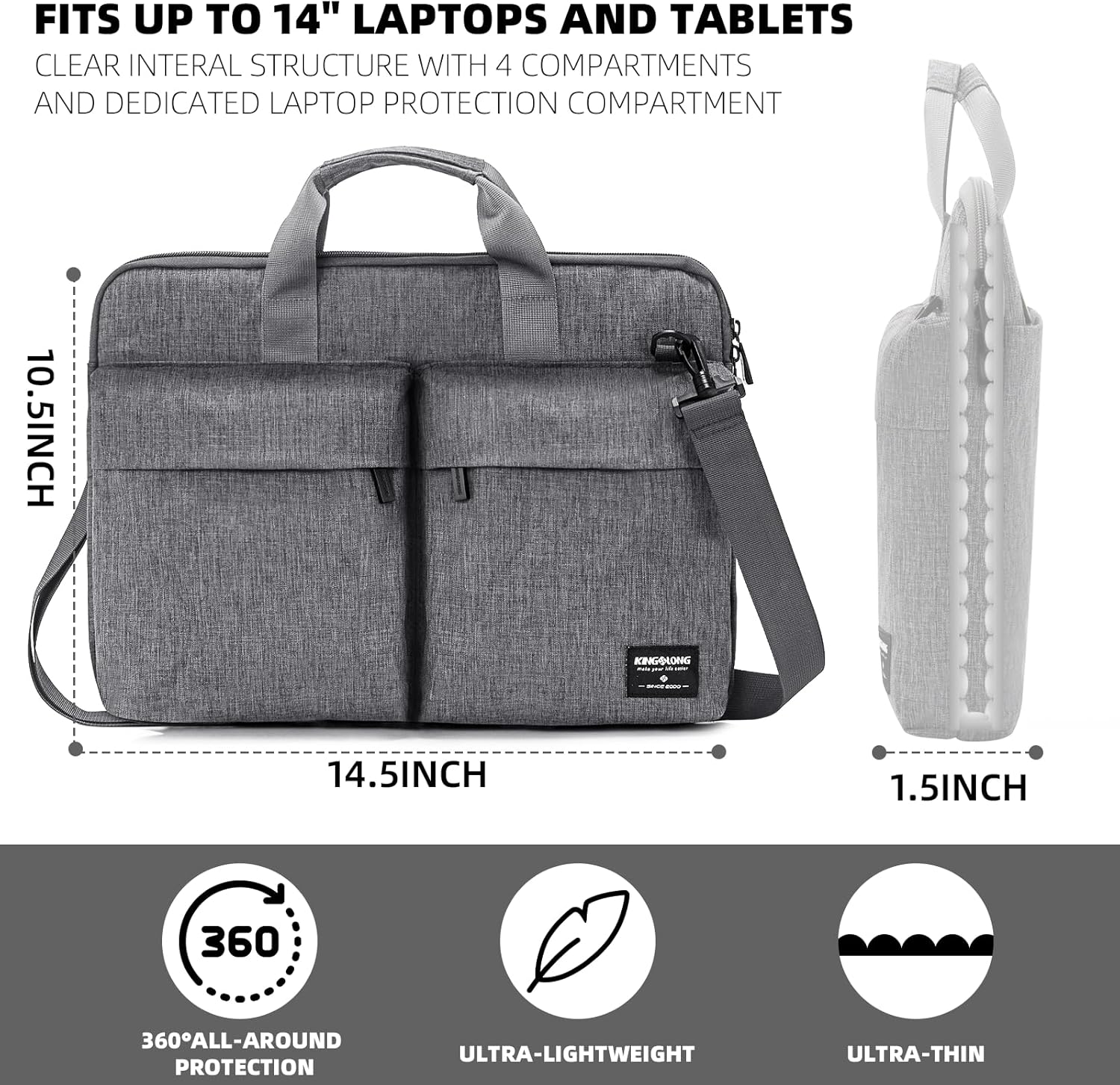 KINGSLONG 14 inch Laptop Bag with Shoulder Strap, Messenger Bag,Slim Computer Carrying Case Notebook Handbag for Men Women Fit for Acer Asus Lenovo HP Toshiba, Gray