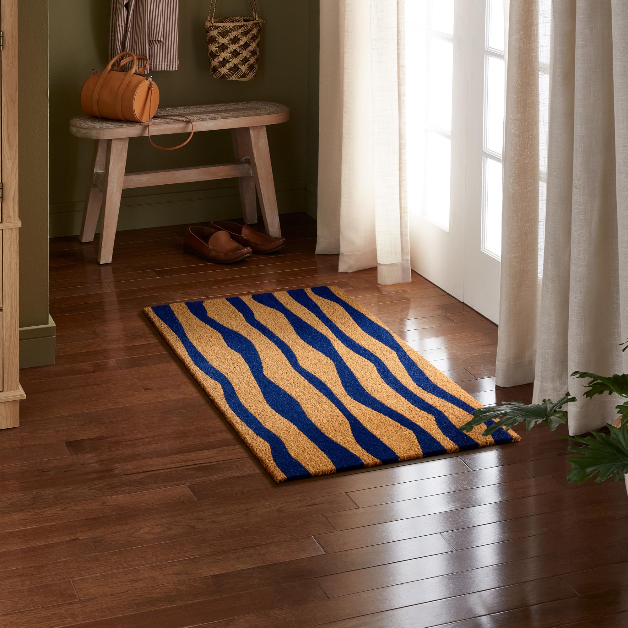 TOWN & COUNTRY TERRA Ravine Abstract Mountain Door Mat, Natural Coir, Heavyweight, Non-Slip Entryway Mat, Blue, 18