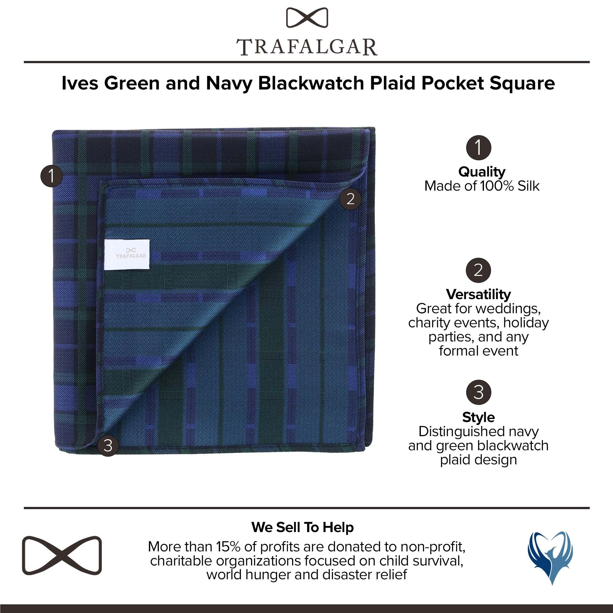 Trafalgar Men's Ives Green and Navy Blackwatch Plaid Silk Pocket Square, Green