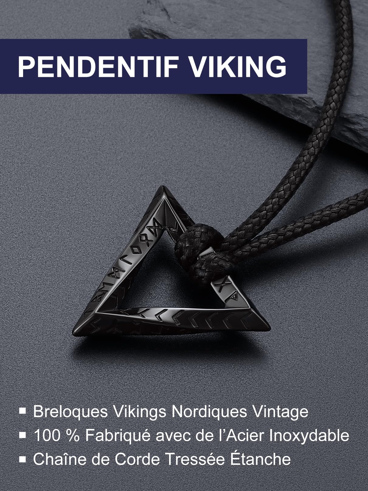 Bandmax Collier Rune Viking Homme/Noir, Pendentif Möbius de Triangle Inversé/Infini/Anneau avec Chaîne Cordon 2,5mm Réglable de 46cm à 76cm