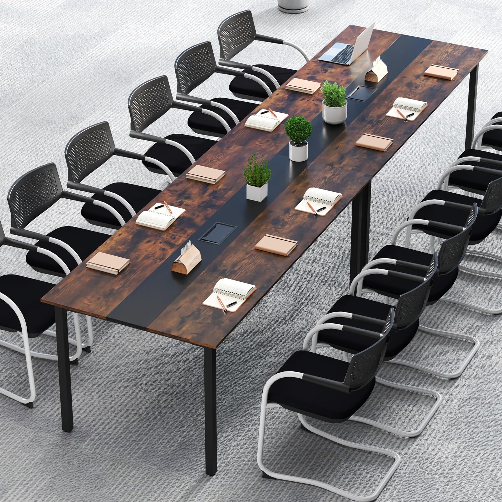 GYMAX Tavolo Discussioni di Gruppo per 8-10 Persone, Sistema di Gestione dei Cavi, Grande Scrivania Rettangolare per Riunioni in Ufficio, Sala Conferenze, 180 x 90 x 75,5 cm, Stile Industriale