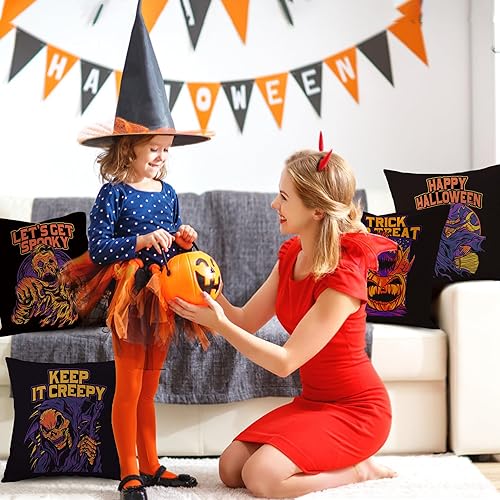 Miniatura 5 de MGupzao Juego de 4 fundas de almohada de Halloween de 18 x 18 pulgadas para decoración de Halloween en interiores, funda de almohada de lino para