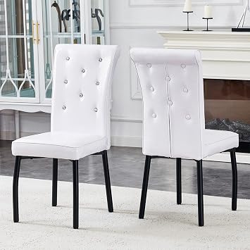 Modern Dining Chairs Set of 2, Upholstered Parsons Dining Chairs with High Elasticity Spring and Metal Legs, White PU Leather Kitchen Chairs for Dining Room, Kitchen, Restaurant