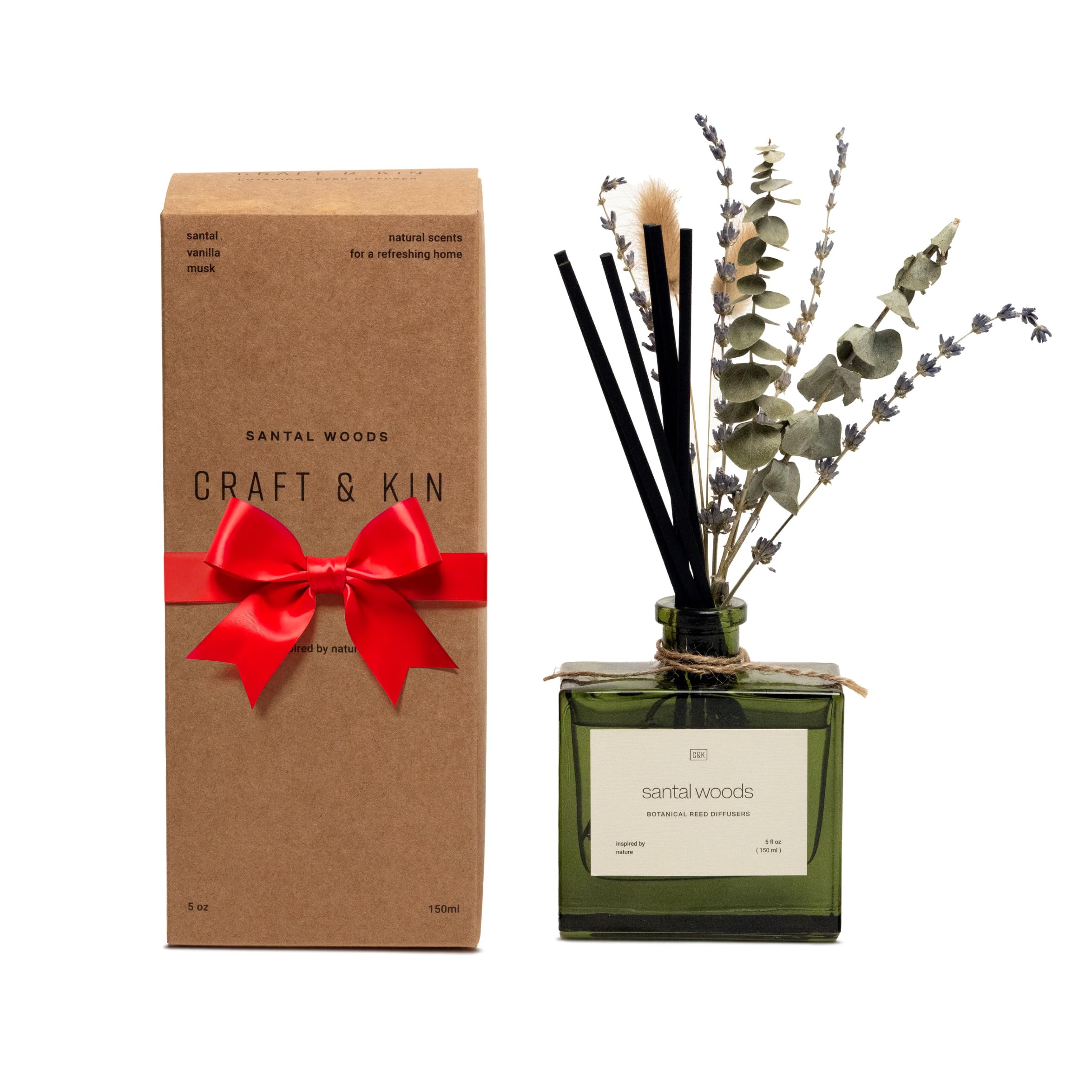 Craft & Kin Christmas Reed Diffuser with Dried Flowers | 5 oz Santal Woods Holiday Scented Reed Diffusers for Home, Bathroom | Scent Sticks | Elegant Fragrance Home Decor for Men & Women