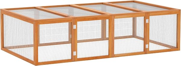 Pawhut Rabbit Run Wooden Rabbit Hutch Cage 6ft with Wire Mesh, Openable Roof, Play Space for Outdoor, 181 x 100 x 48 cm, Natural Wood Finish - 1