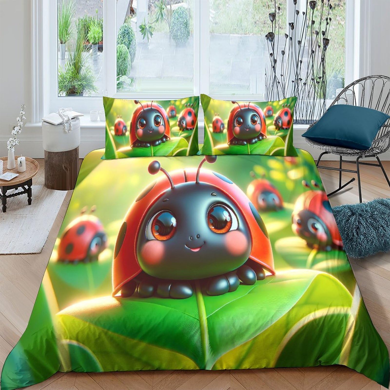 Ctjqhvkz Style-1 3D Printed Cute Ladybug Fitted Sheet Microfiber Soft Green Leaf Mattress Cover For Bedroom Guest Room Dorm Decor Single（135X200cm）