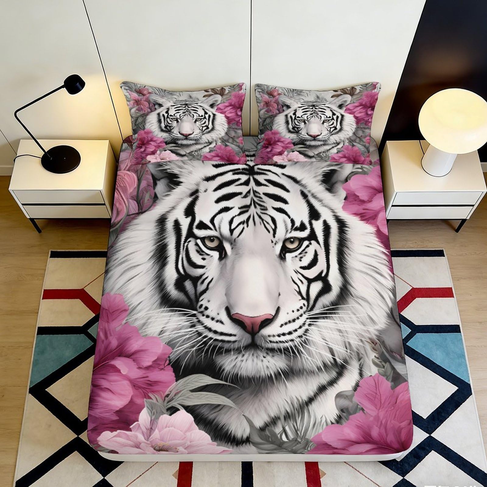 3D Printed white tiger fitted sheet with pink floral accents, soft touch microfiber, wrinkle resistant, guest room bedding, stylish decor for home 180x200x25cm