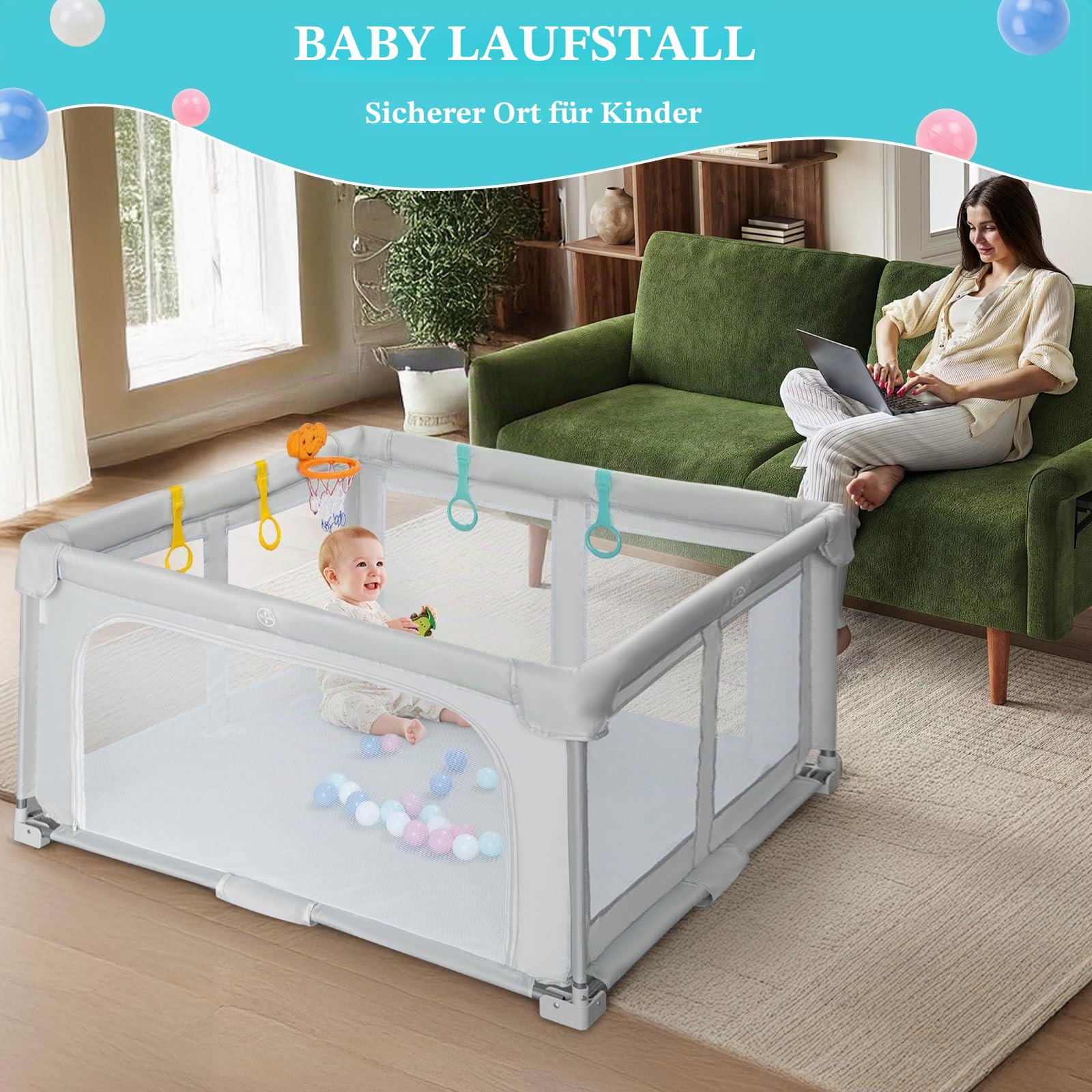 Laufstall Baby Faltbar 127x127cm: Laufgitter für drinnen & draußen - Baby Playpen mit Aufbewahrungstasche, 20 Bälle und 4 Ringe