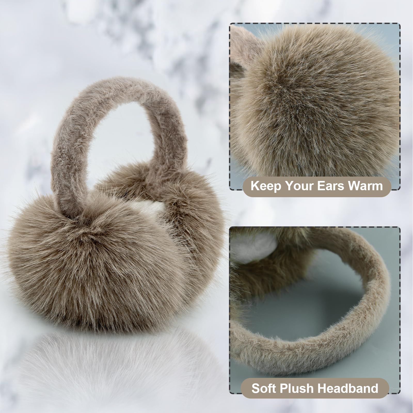 WATAME Earmuffs for Women Girls Faux Fur Fuzzy Headband Foldable Ear Covers Cold Weather Accessory: Brown