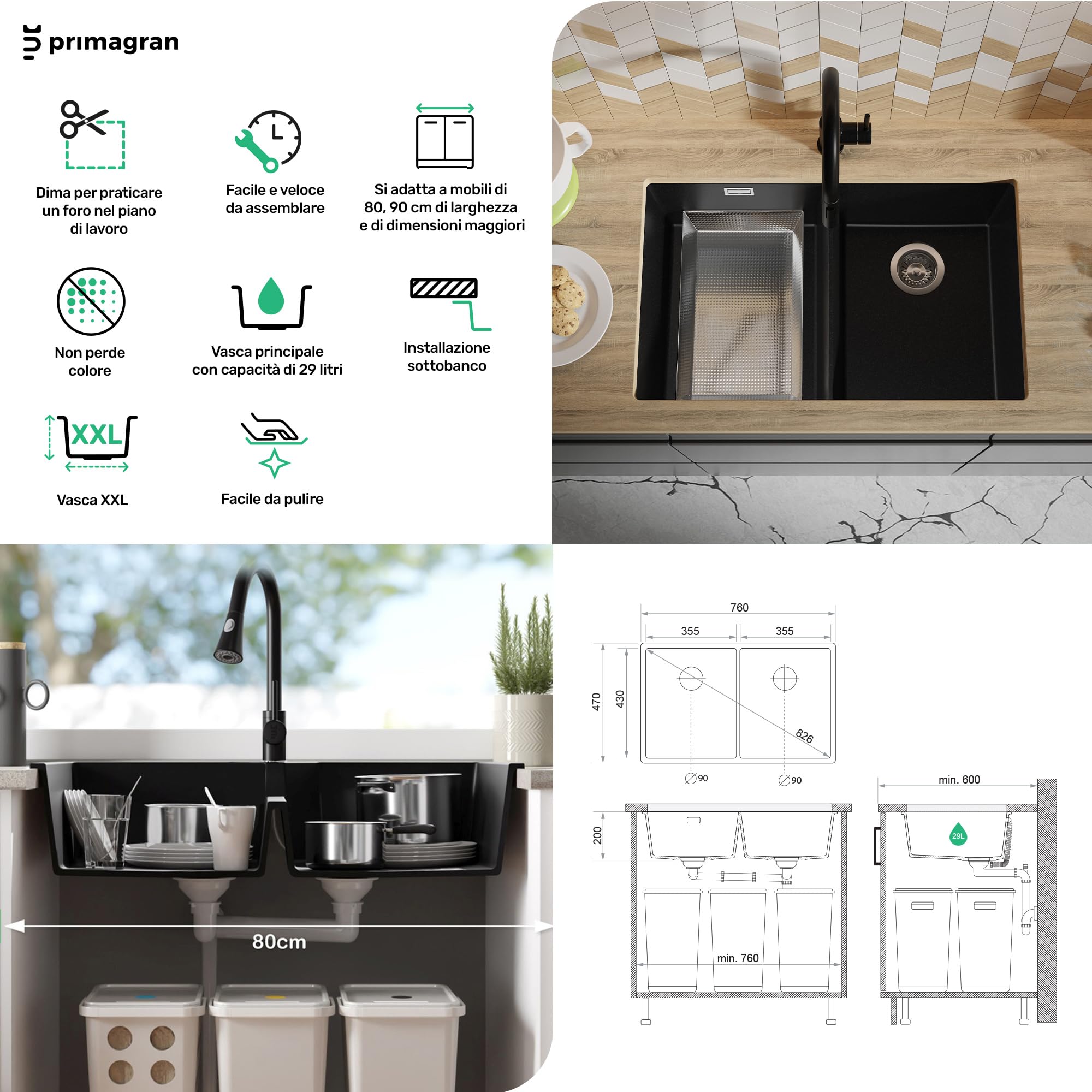 PRIMAGRAN Lavello sottotop al Mobile 80cm + Kit di scarico, 76x47cm