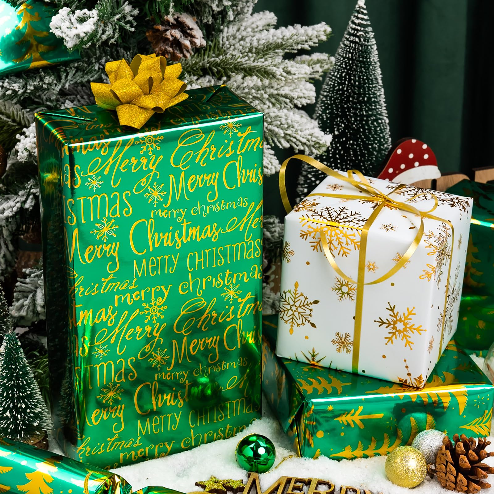 Yarcony Rollos de papel de regalo de Navidad, 17 pulgadas x 10 pies por rollo, papel de regalo de aluminio metálico, árbol brillante de lujo, texto de Navidad y diseño de copo de nieve, papel de