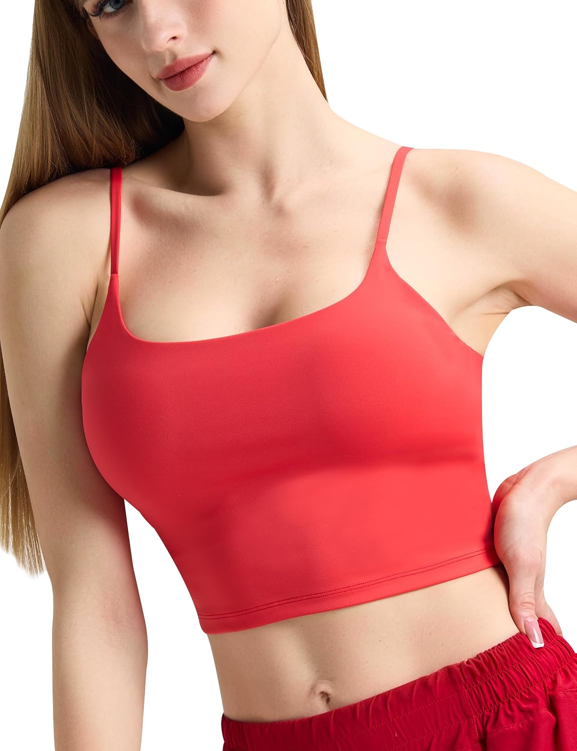 IFNOW Tank Tops for Women Adjustable Spaghetti Strap Padded Longline Sports Bra Scoop Neck Workout Crop Top