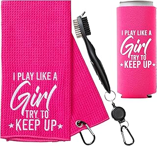 Your Dream Party Shop I Play Like a Girl Women Pink Golf Towel with Brush and Can Cooler for Mother's Day or Ladies - Funny Golf Gifts for Women